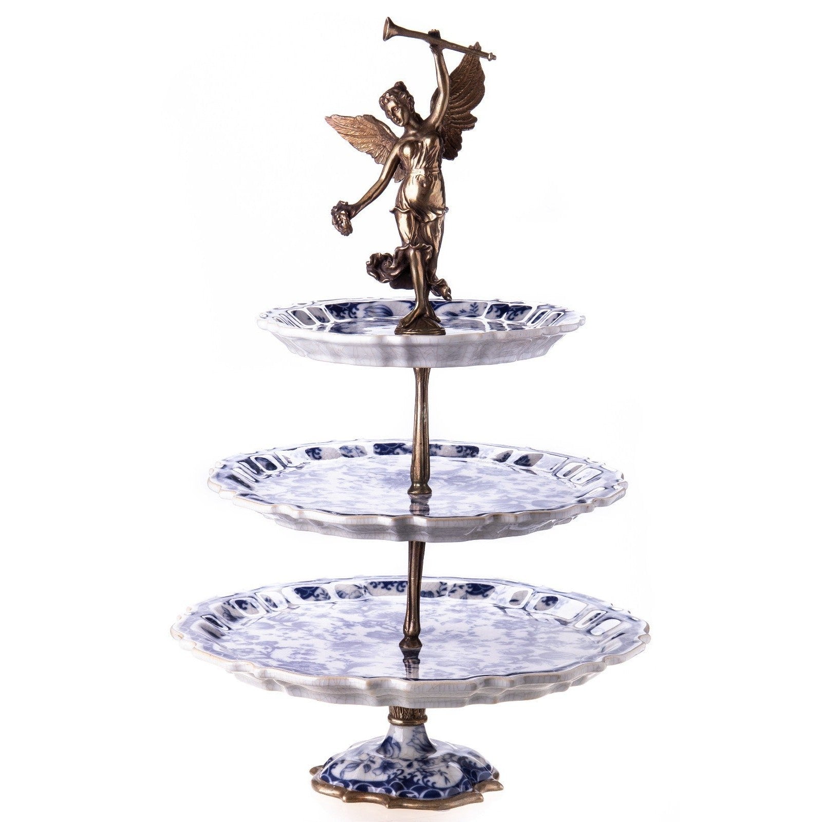 Three-Tier Blue and White Porcelain Serving Stand with Bronze Angel