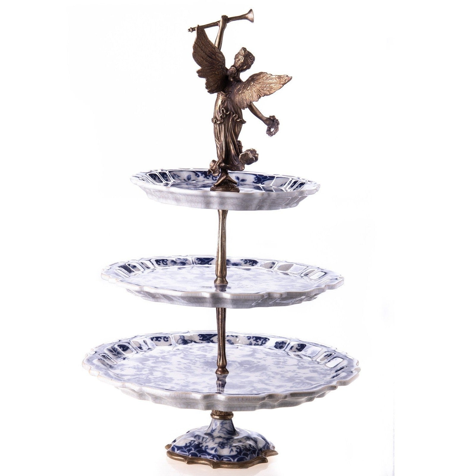Three-Tier Blue and White Porcelain Serving Stand with Bronze Angel