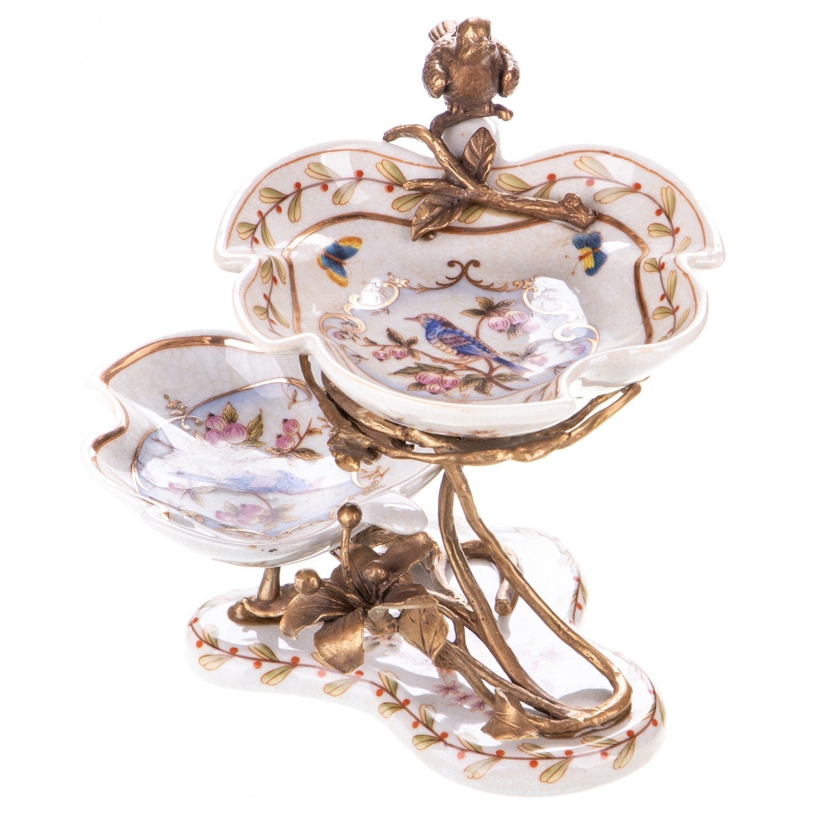 Two-Tier Porcelain Dish with Bird and Branch Bronze Accents