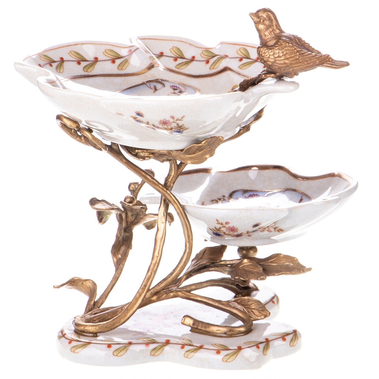 Two-Tier Porcelain Dish with Bird and Branch Bronze Accents