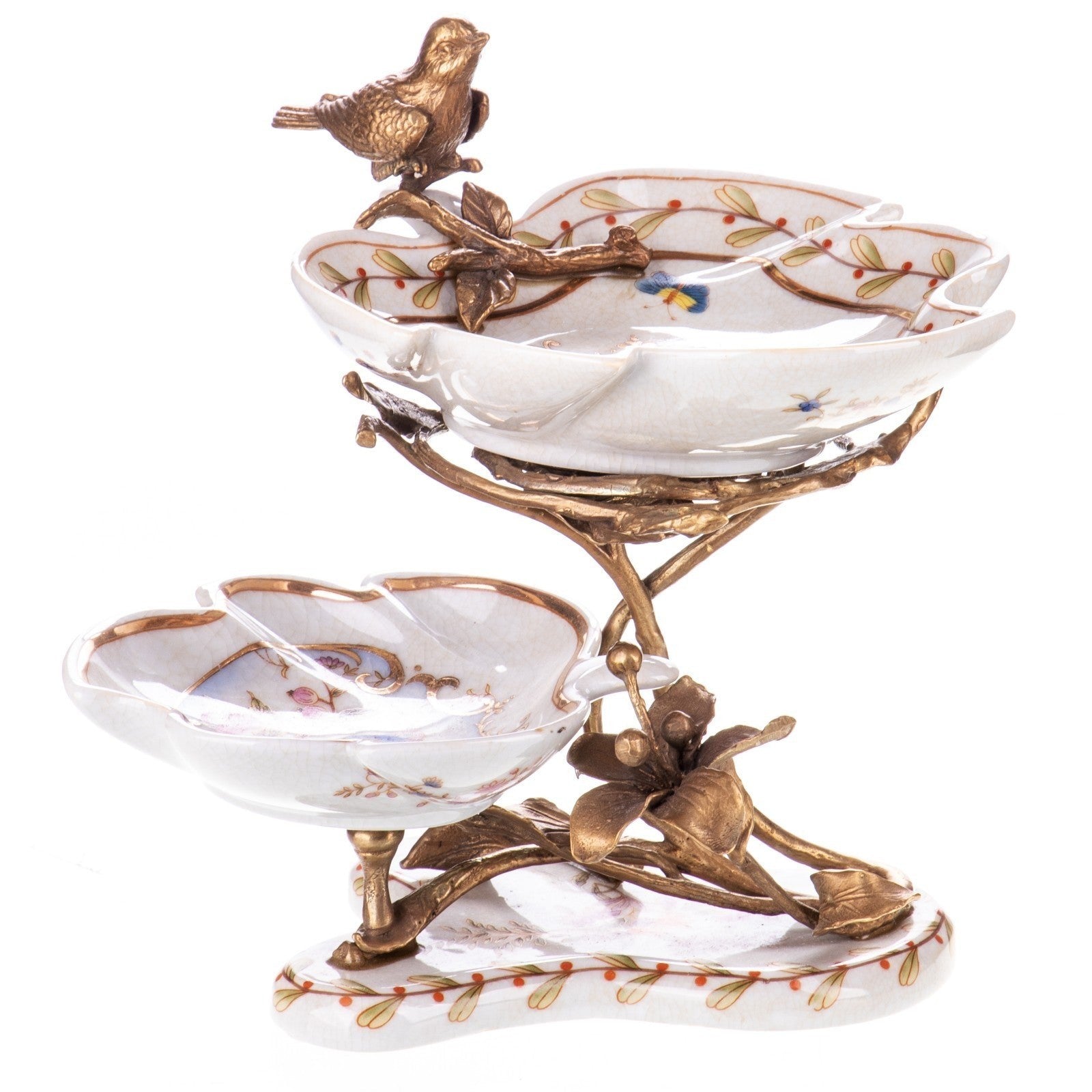 Two-Tier Porcelain Dish with Bird and Branch Bronze Accents