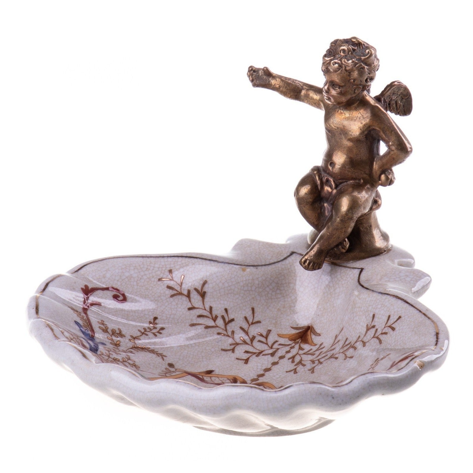 Vintage Cherub Ceramic Dish with Bronze-Toned Angel Figure