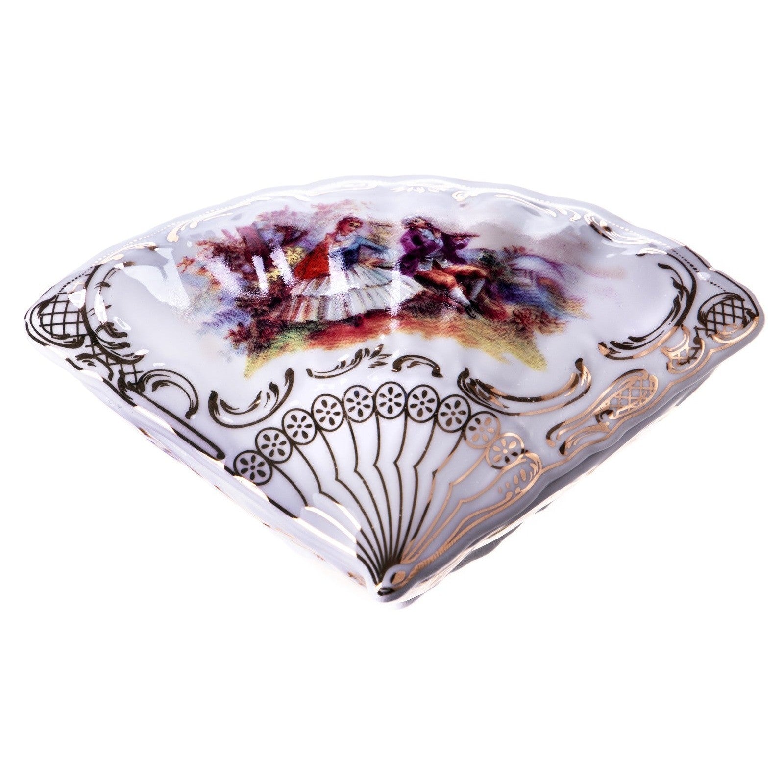 Vintage Porcelain Fan-Shaped Dish with Romantic Scene, Curios & Collec