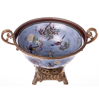 Vintage Style Floral Porcelain Bowl with Ornate Bronze Handles Base
