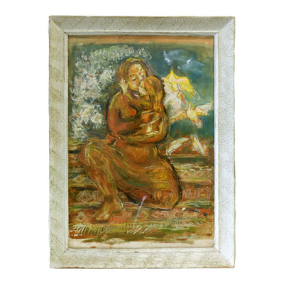 Vintage Watercolor Mother and Daughter Hugging scene Painting with