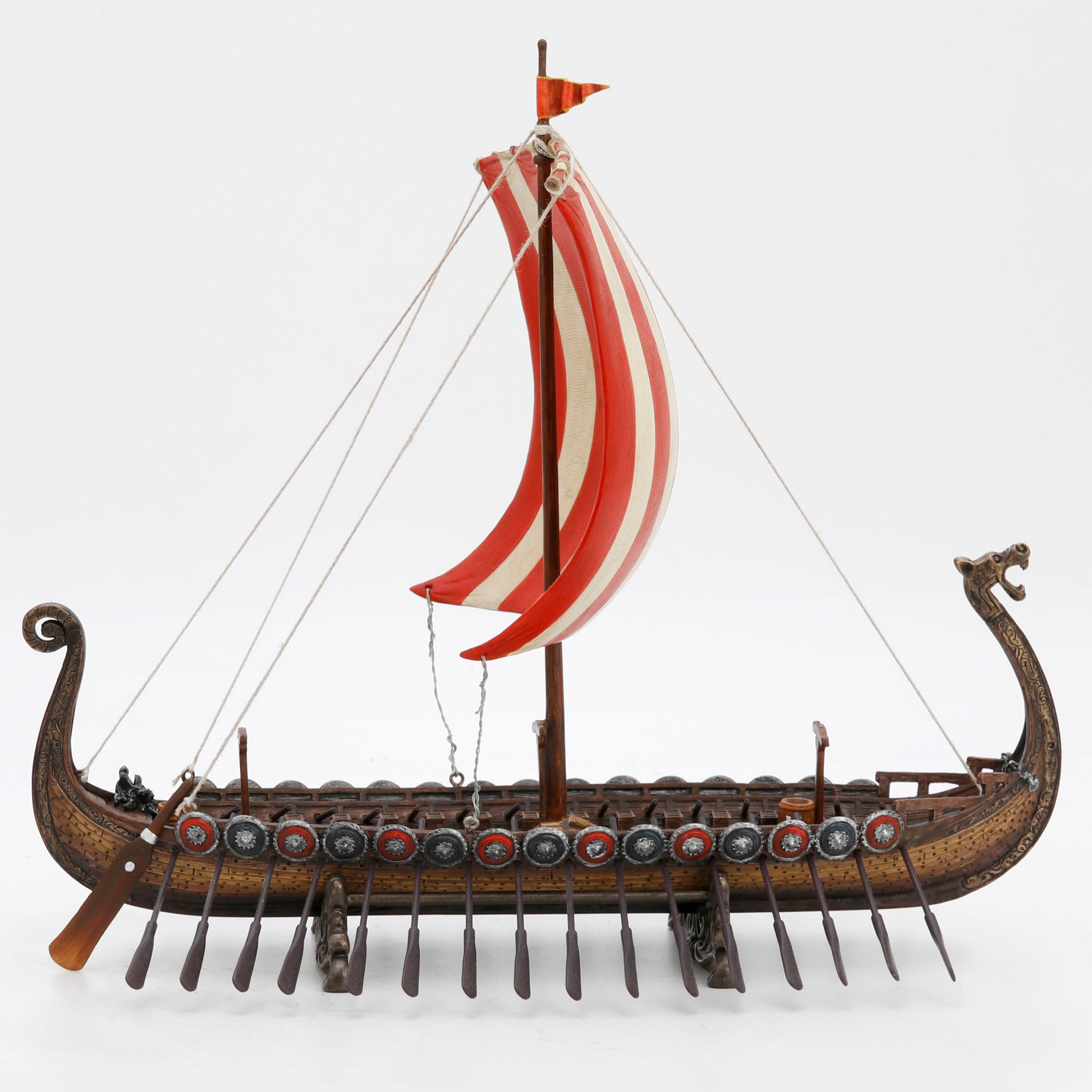 Viking Boat With Red and White Stripe Sail (13 Inch)