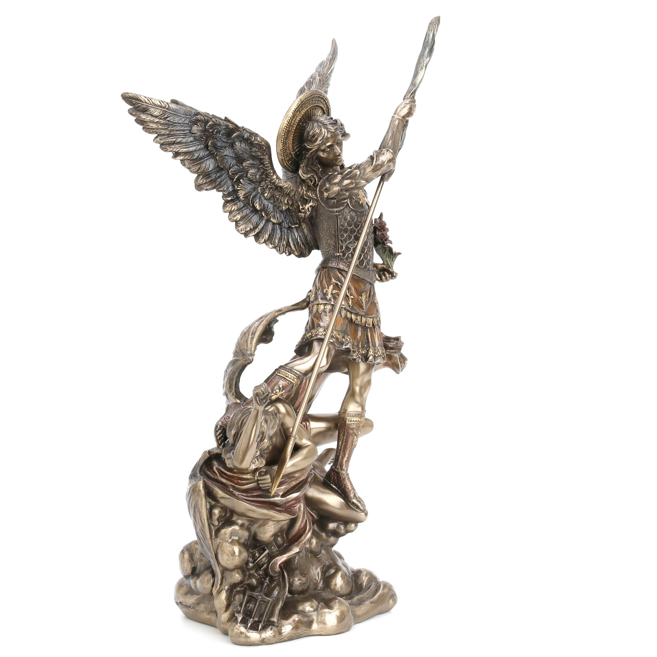 Saint Michael Holding Flowers Standing On The Demon