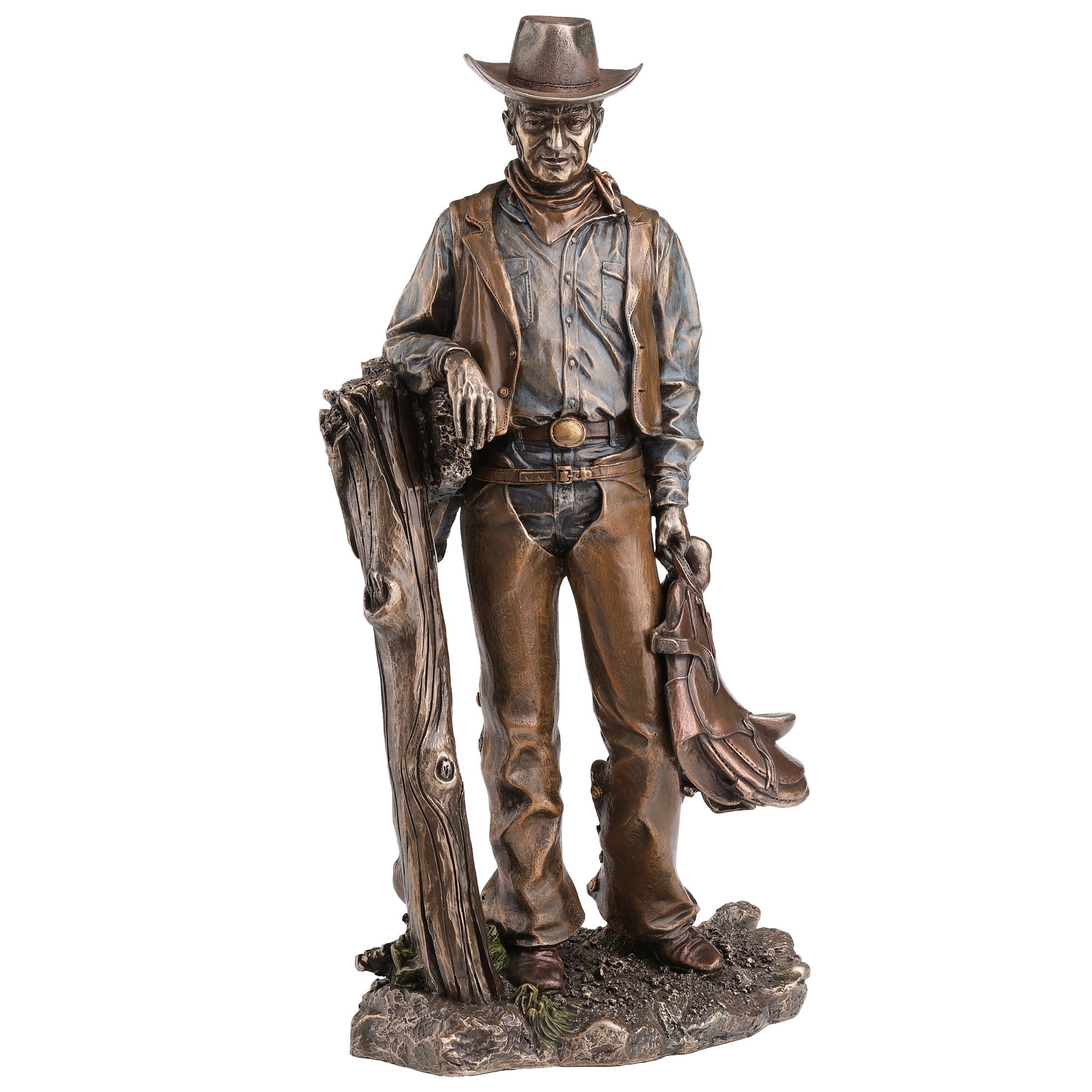 Cowboy Holding Saddle Leaning Against Fence Pole