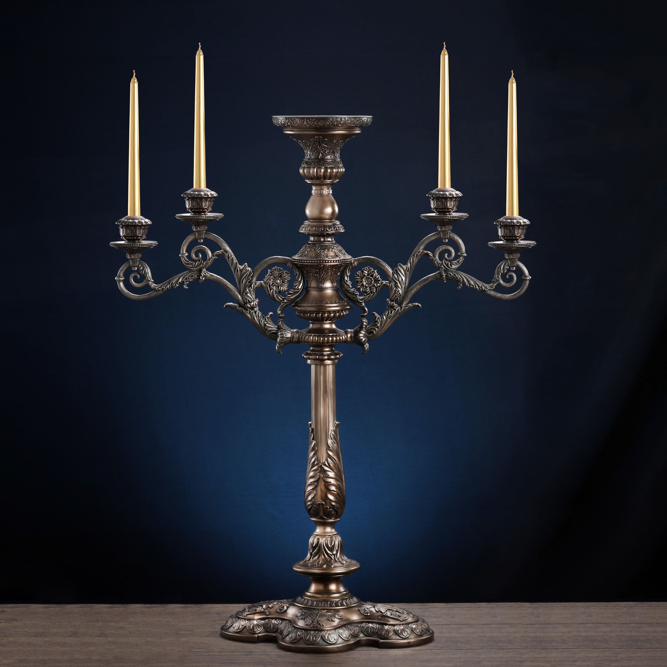 Large Candelabrum 35" Baroque Styled 4 Candles + Flower Pot On Center Top (Bronze)