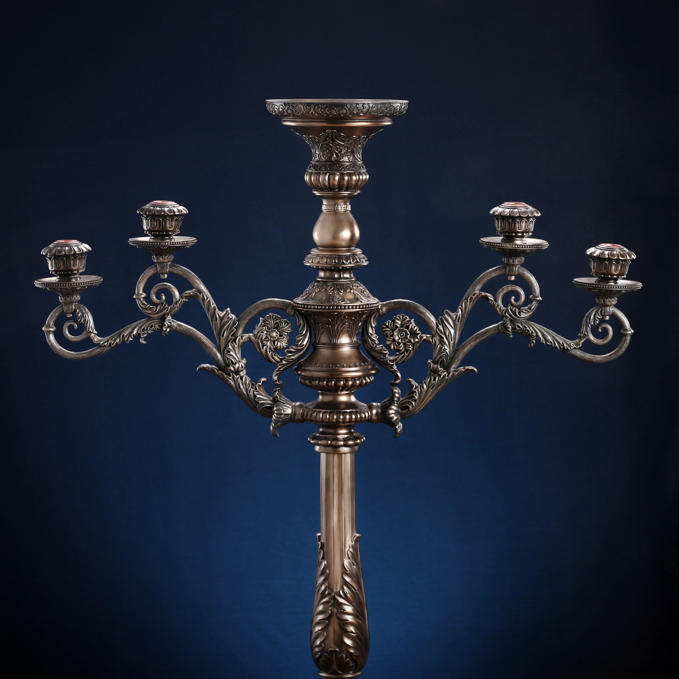 Large Candelabrum 35" Baroque Styled 4 Candles + Flower Pot On Center Top (Bronze)