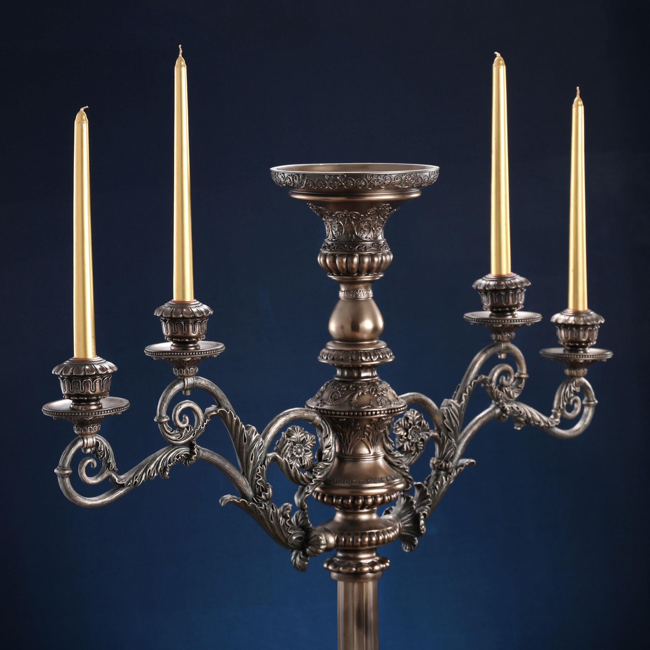 Large Candelabrum 35" Baroque Styled 4 Candles + Flower Pot On Center Top (Bronze)