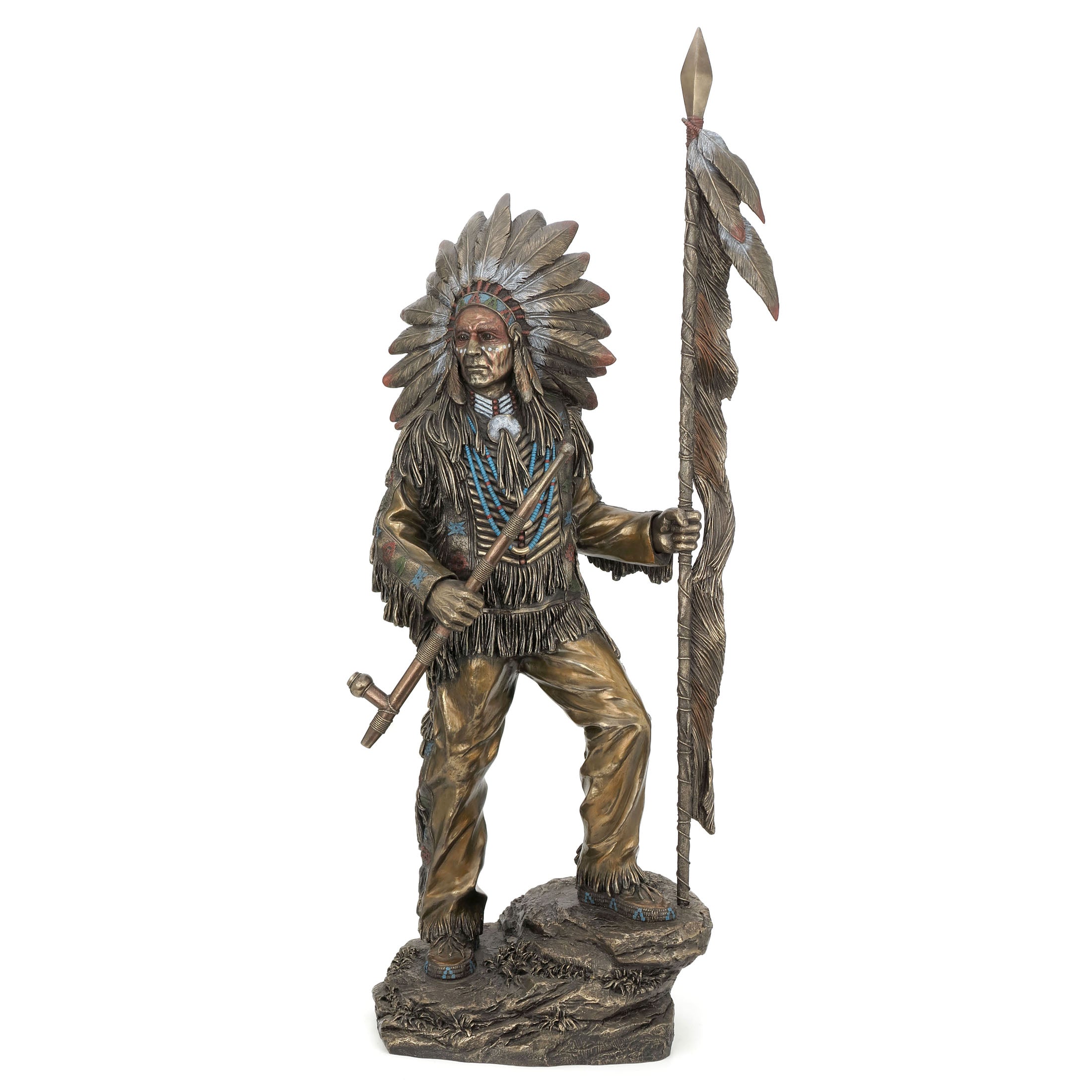 Indian Chief Holding Feathered Spear And Peace Pipe