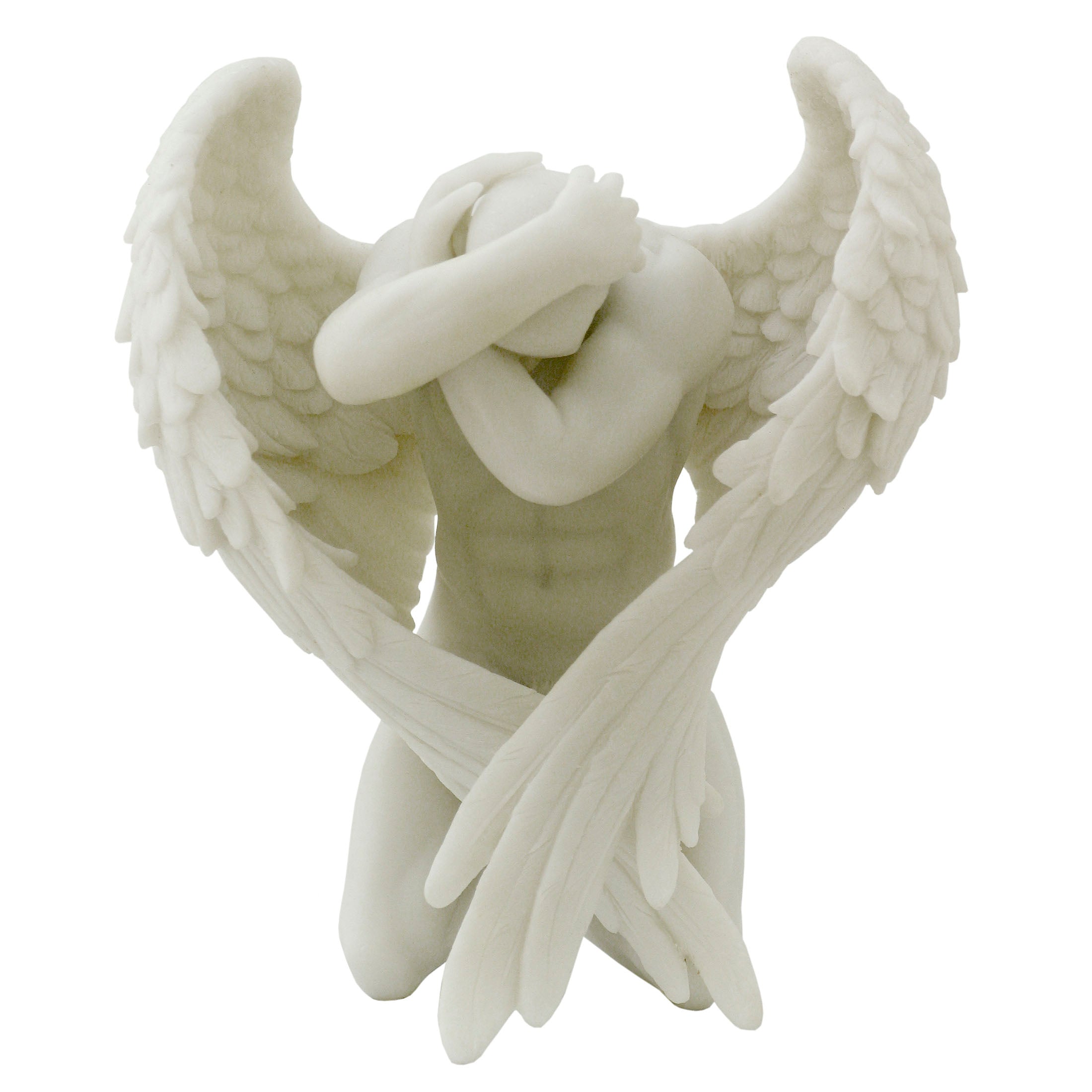 Winged Nude Male Kneeling With Hands Holding Heads (Marble White)