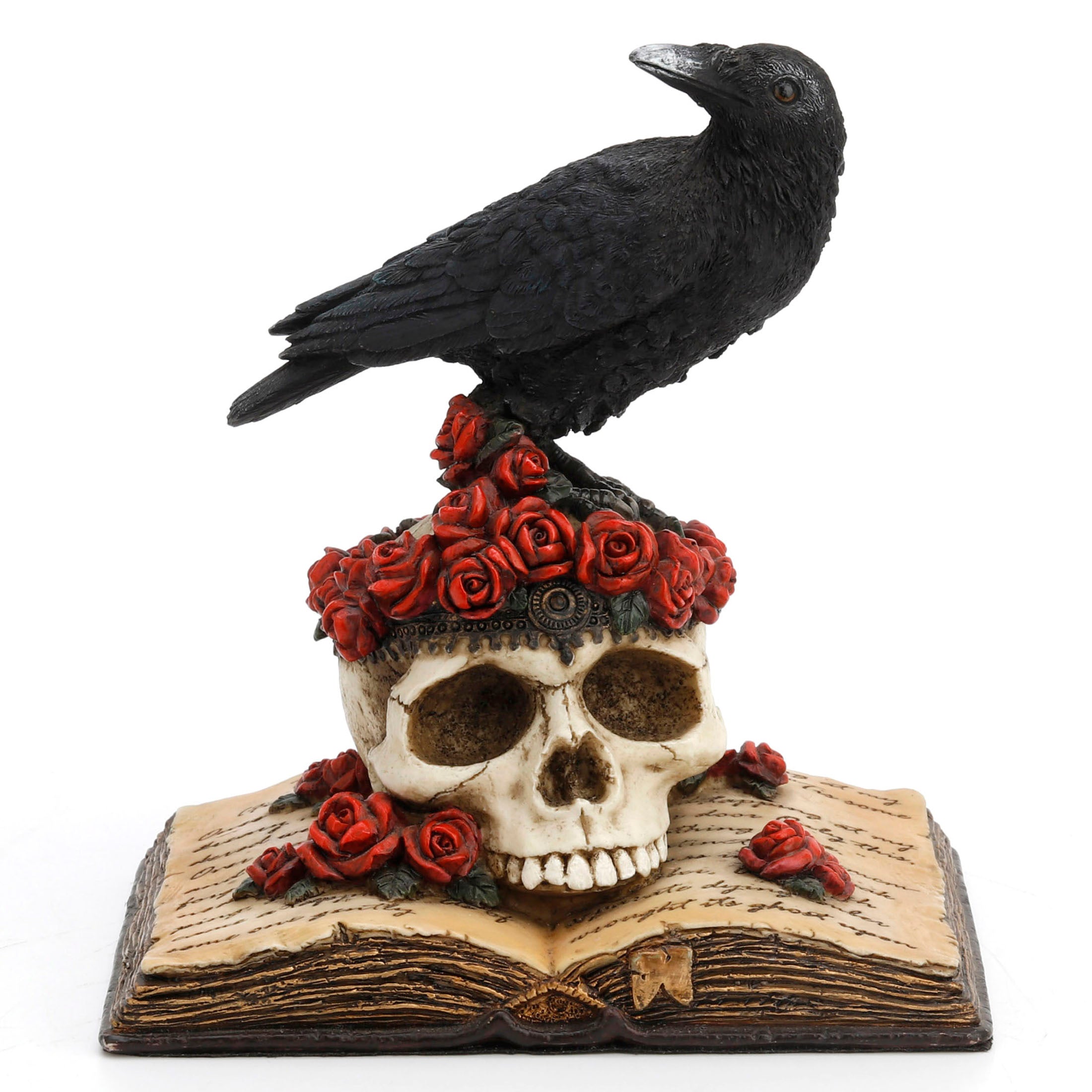 Crow Perching On Skull With Roses On An Open Book
