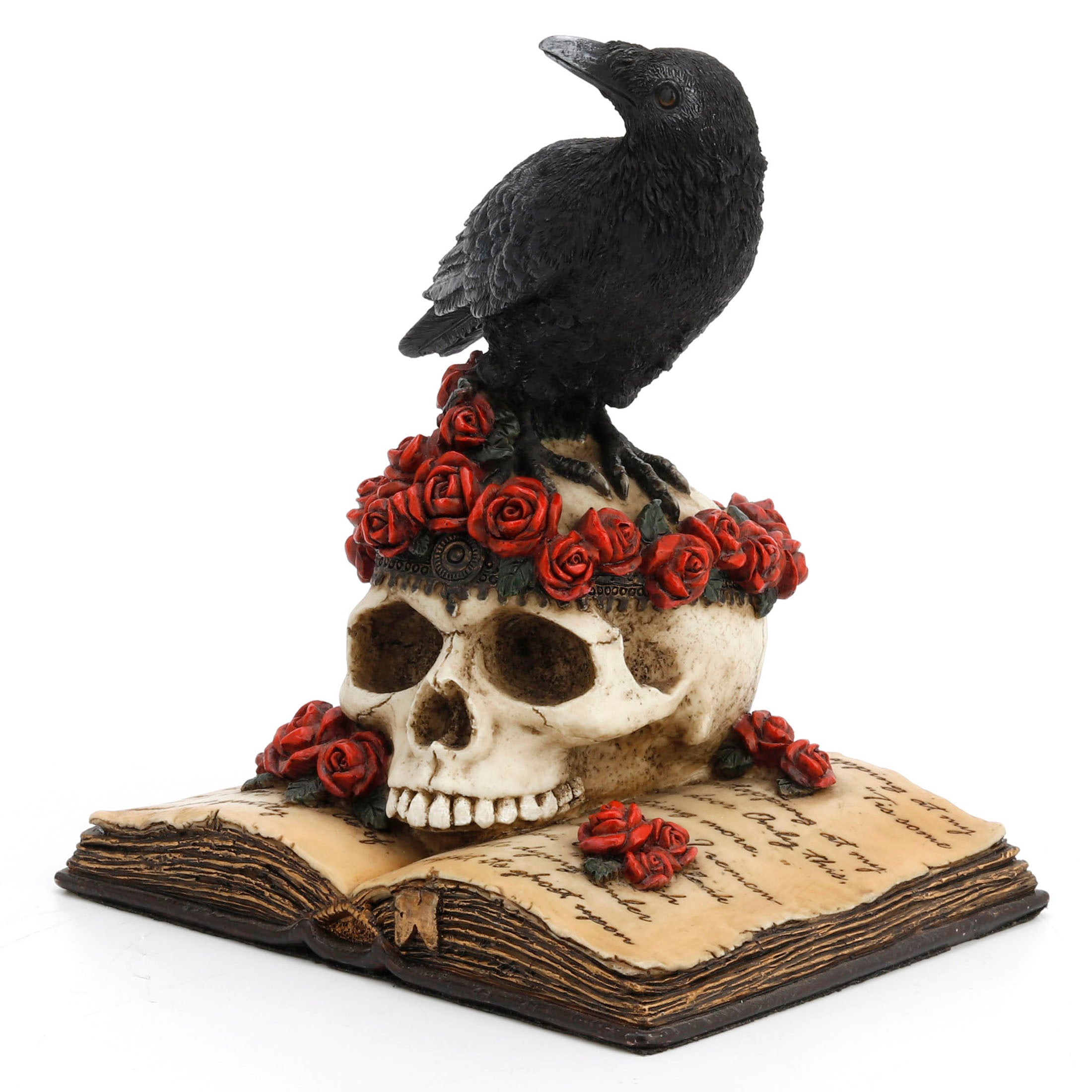 Crow Perching On Skull With Roses On An Open Book