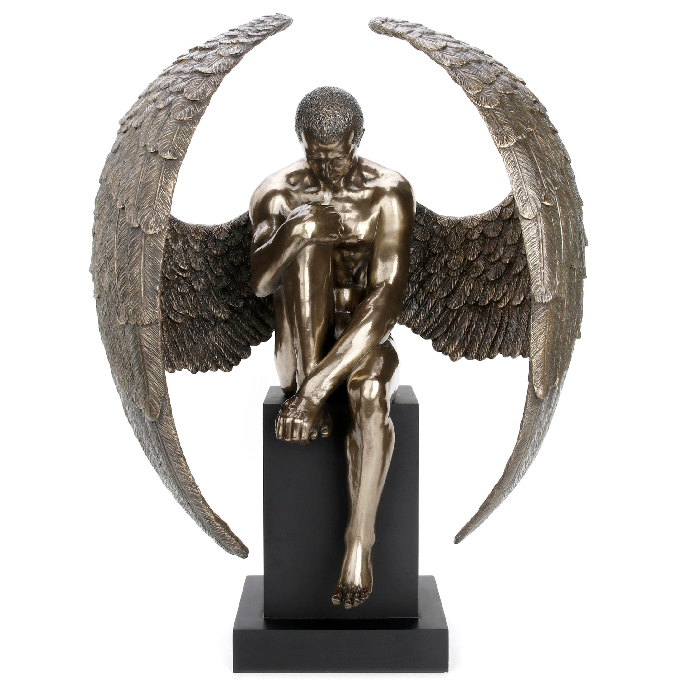 Winged Nude Male Sitting On Plinth 24 In.
