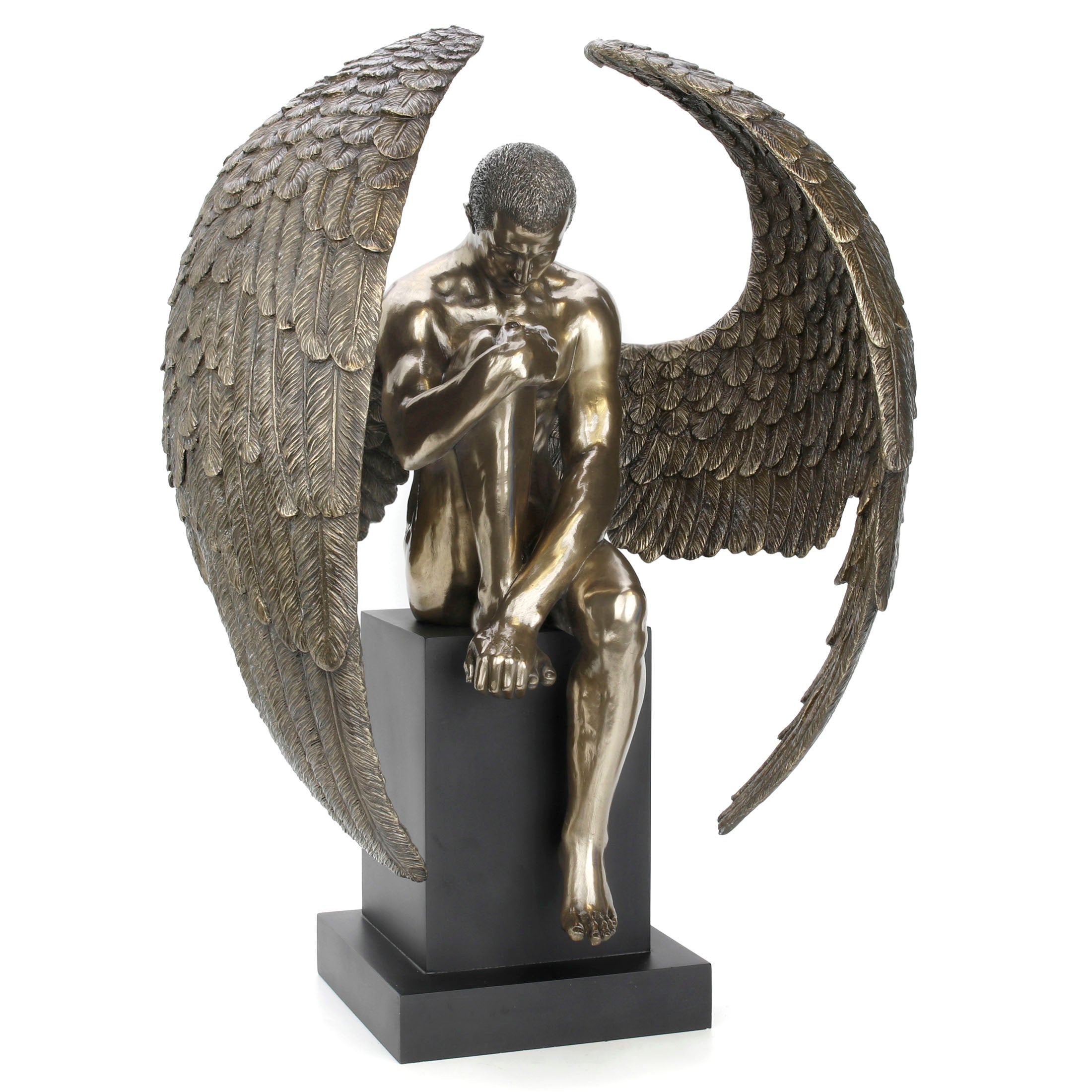 Winged Nude Male Sitting On Plinth 24 In.