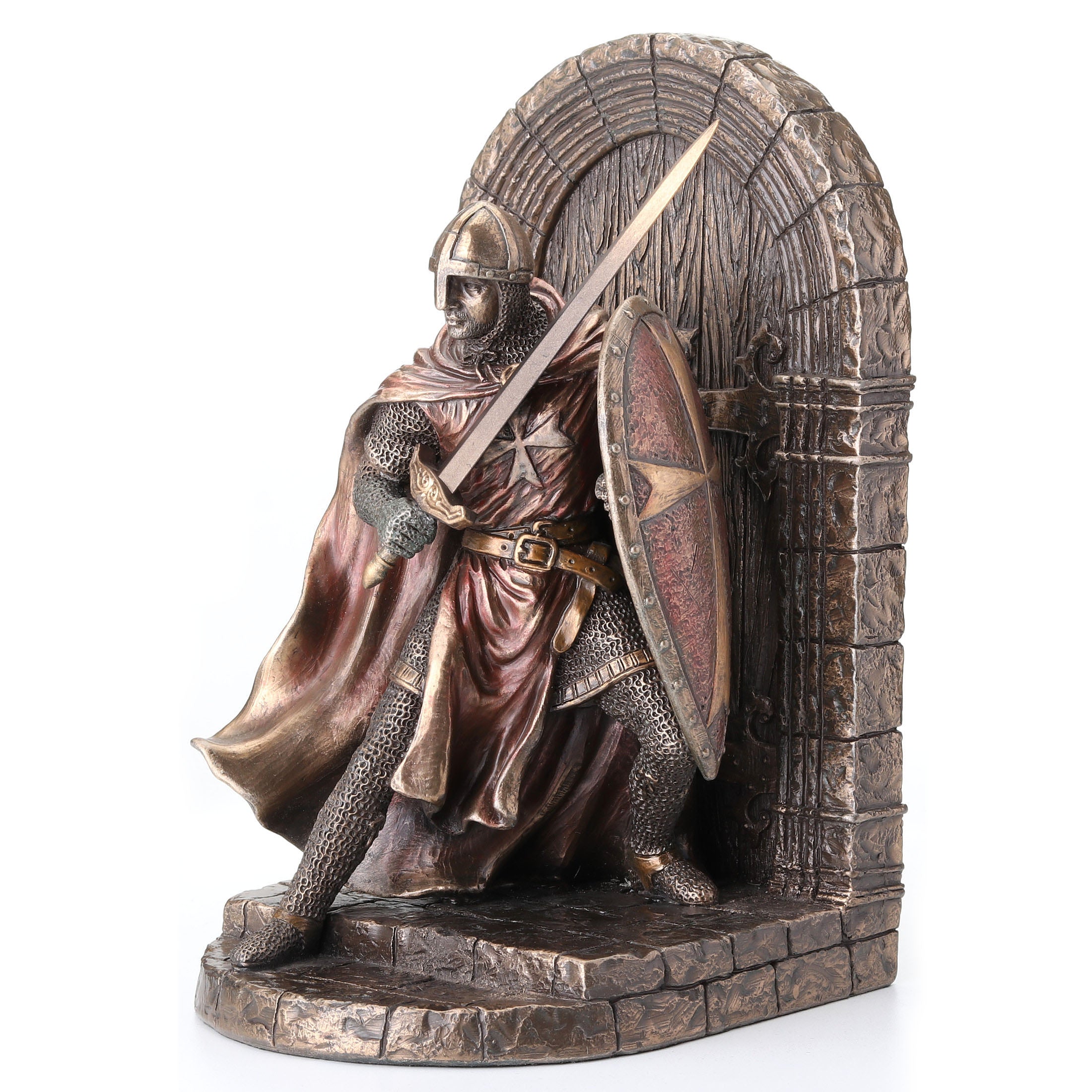 Armored Maltese Crusader With Sword And Shield Guarding Door Bookend (Single Bookend)