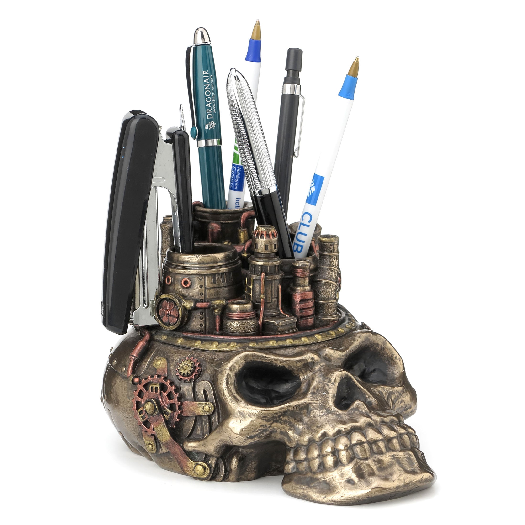 Steampunk Flat Skull Chimney Pen Holder