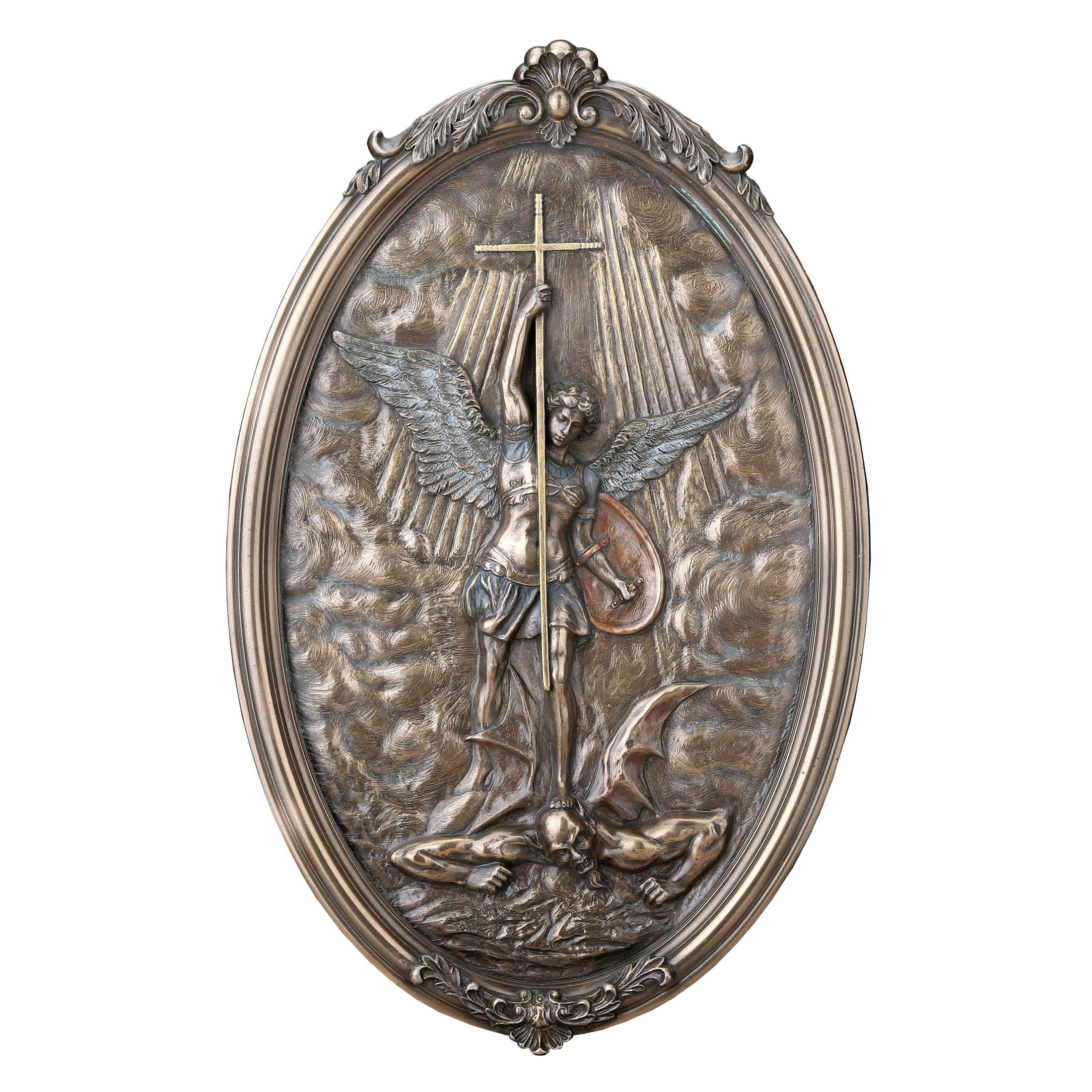 Saint Michael Tramples Demon Holding Crucifix Oval Wall Plaque