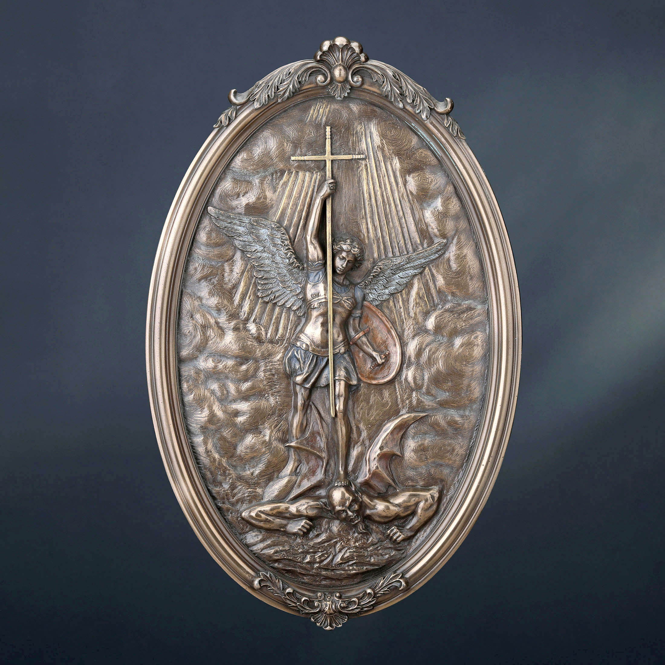 Saint Michael Tramples Demon Holding Crucifix Oval Wall Plaque