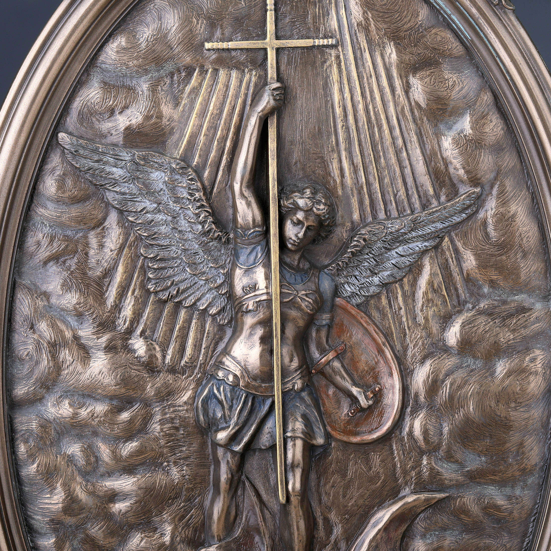 Saint Michael Tramples Demon Holding Crucifix Oval Wall Plaque