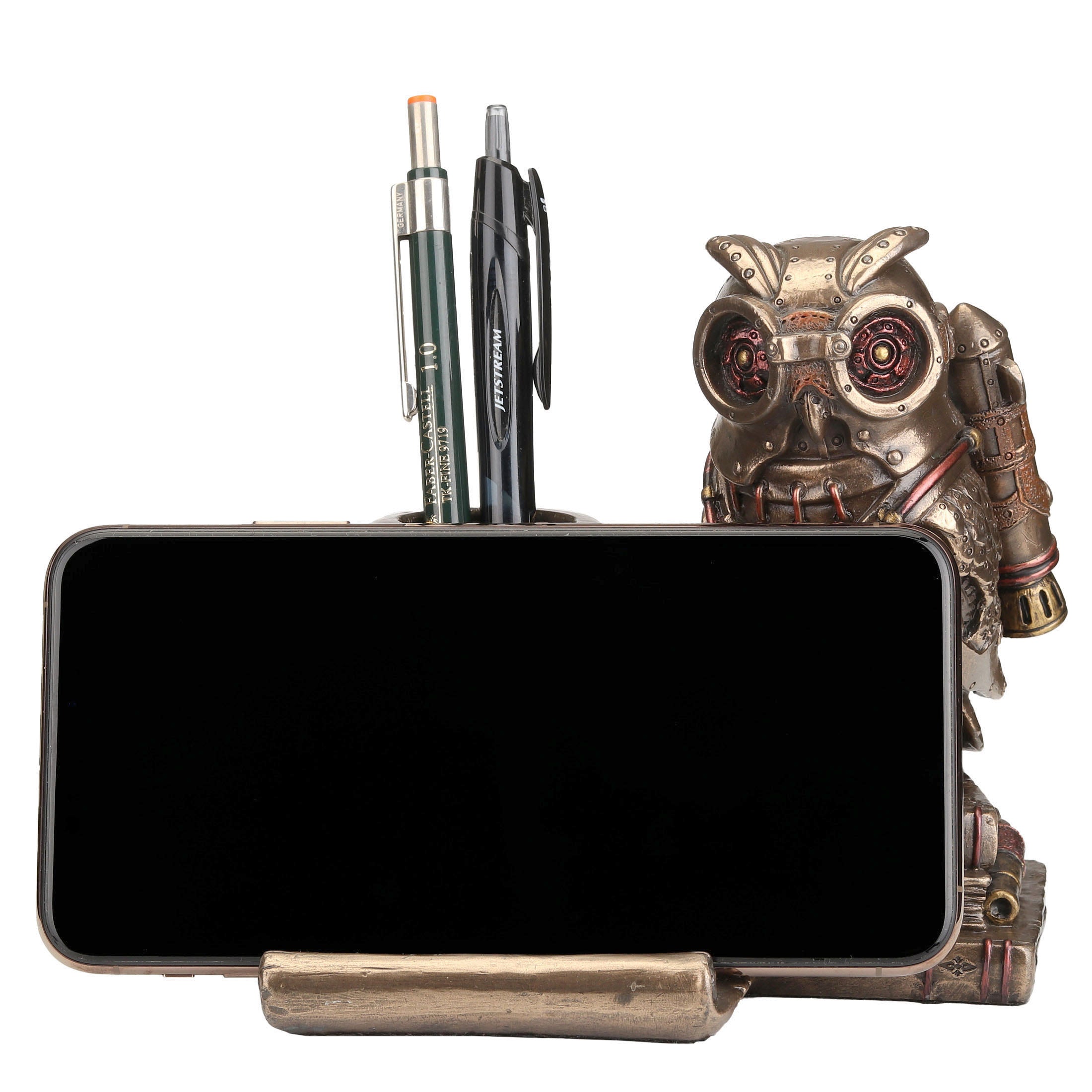 Steampunk Owl Cell Phone Stand Pen Holder