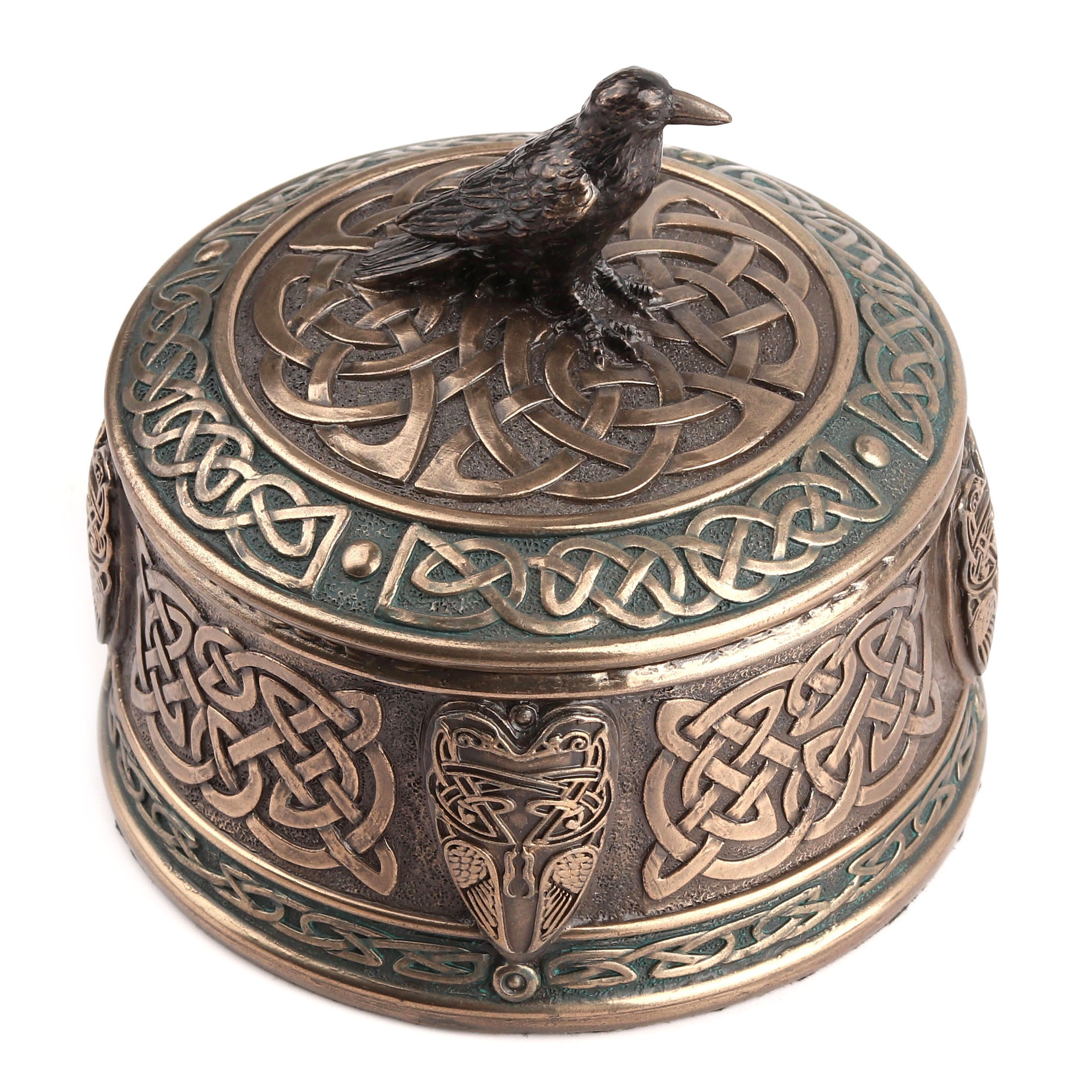 Celtic Pattern Round Trinket Box With Raven Lid