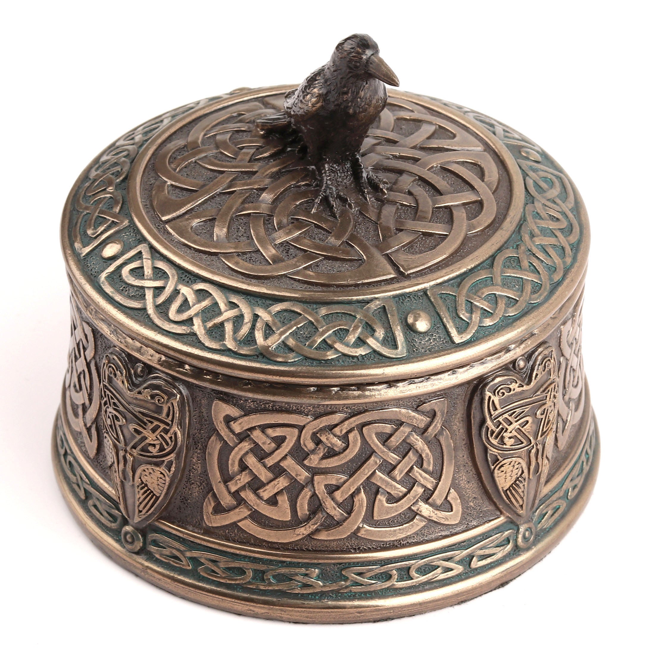 Celtic Pattern Round Trinket Box With Raven Lid