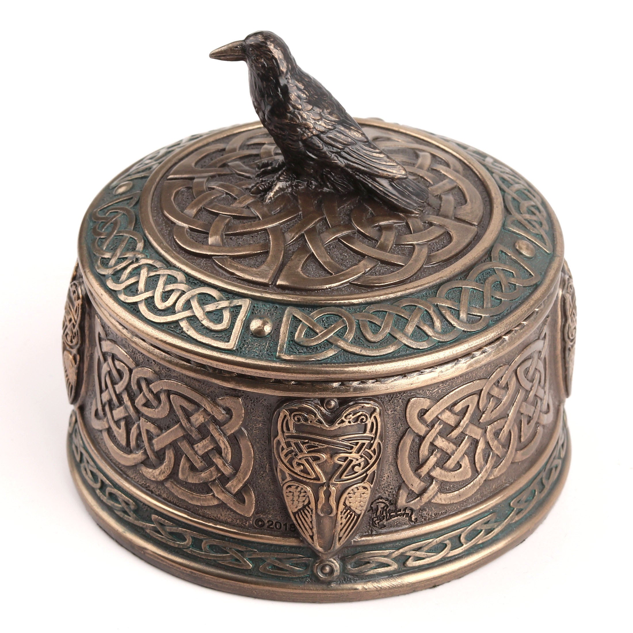 Celtic Pattern Round Trinket Box With Raven Lid