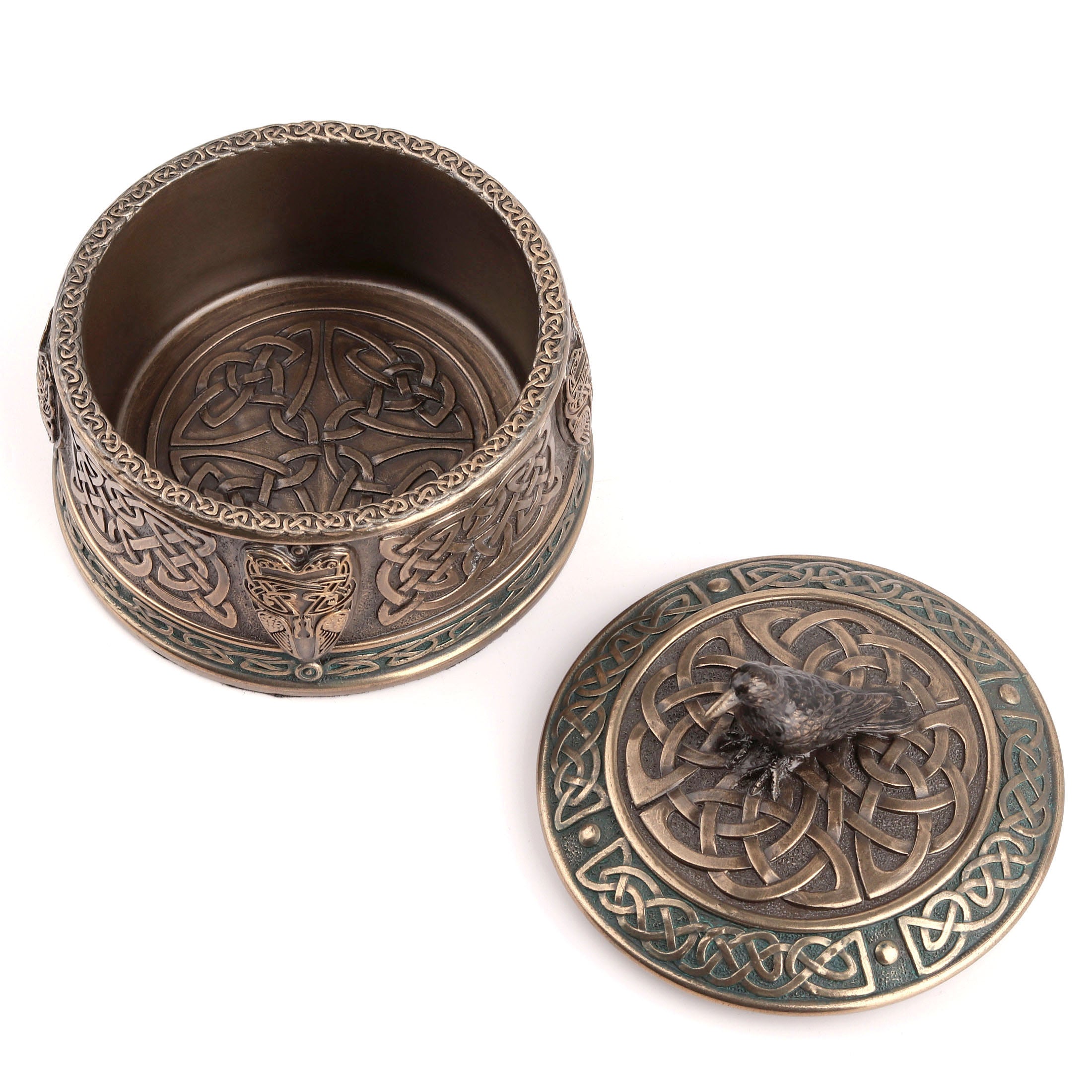 Celtic Pattern Round Trinket Box With Raven Lid
