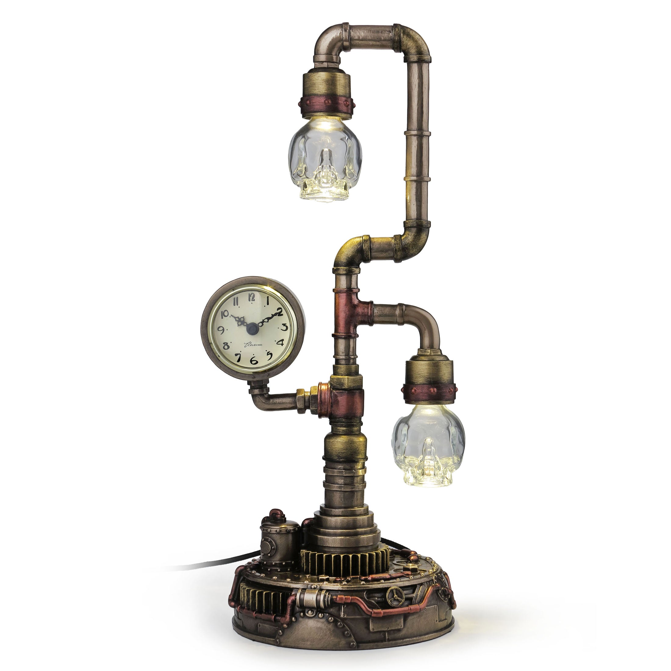 Steampunk Pipework Clock Stand With Skull Bulb (Led)