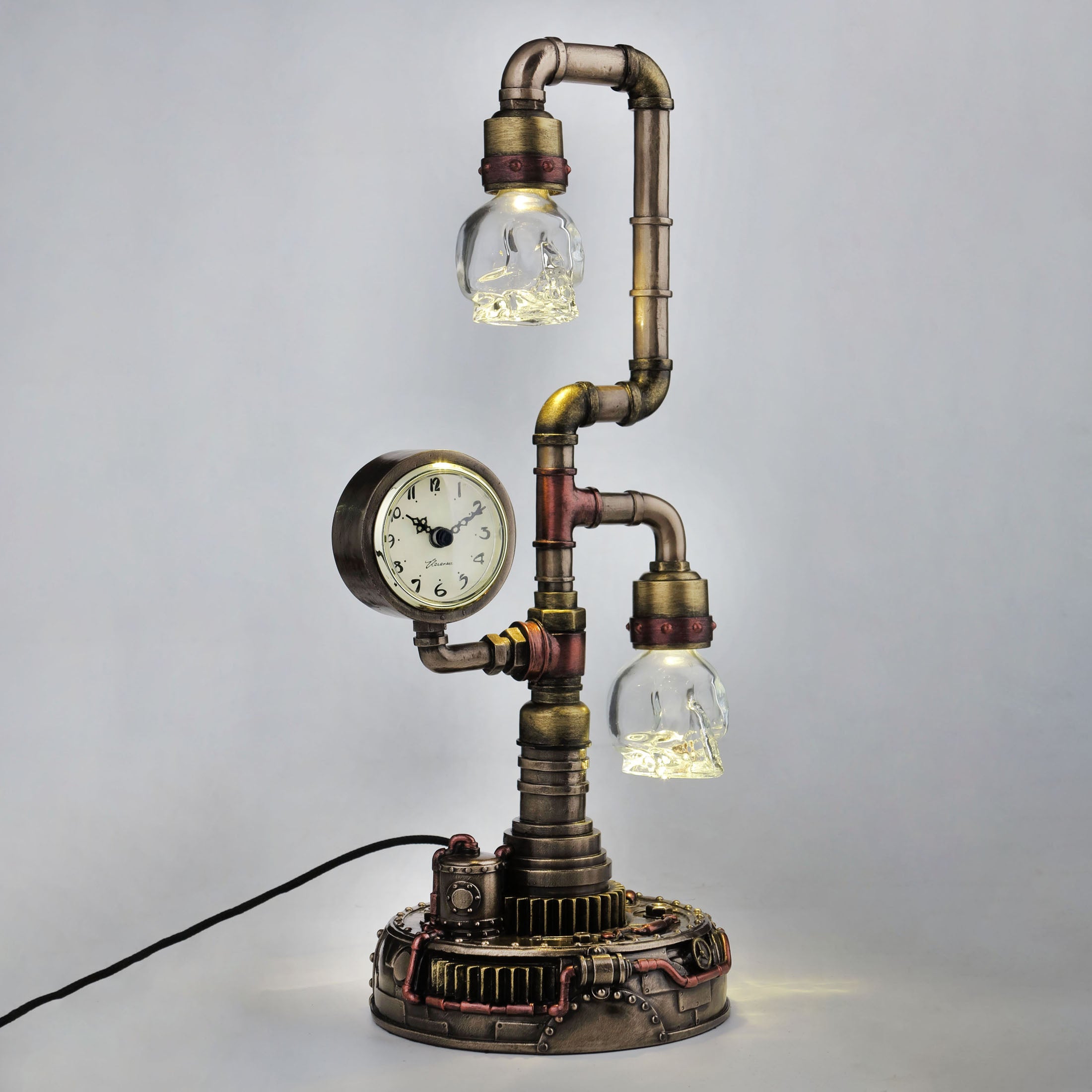 Steampunk Pipework Clock Stand With Skull Bulb (Led)
