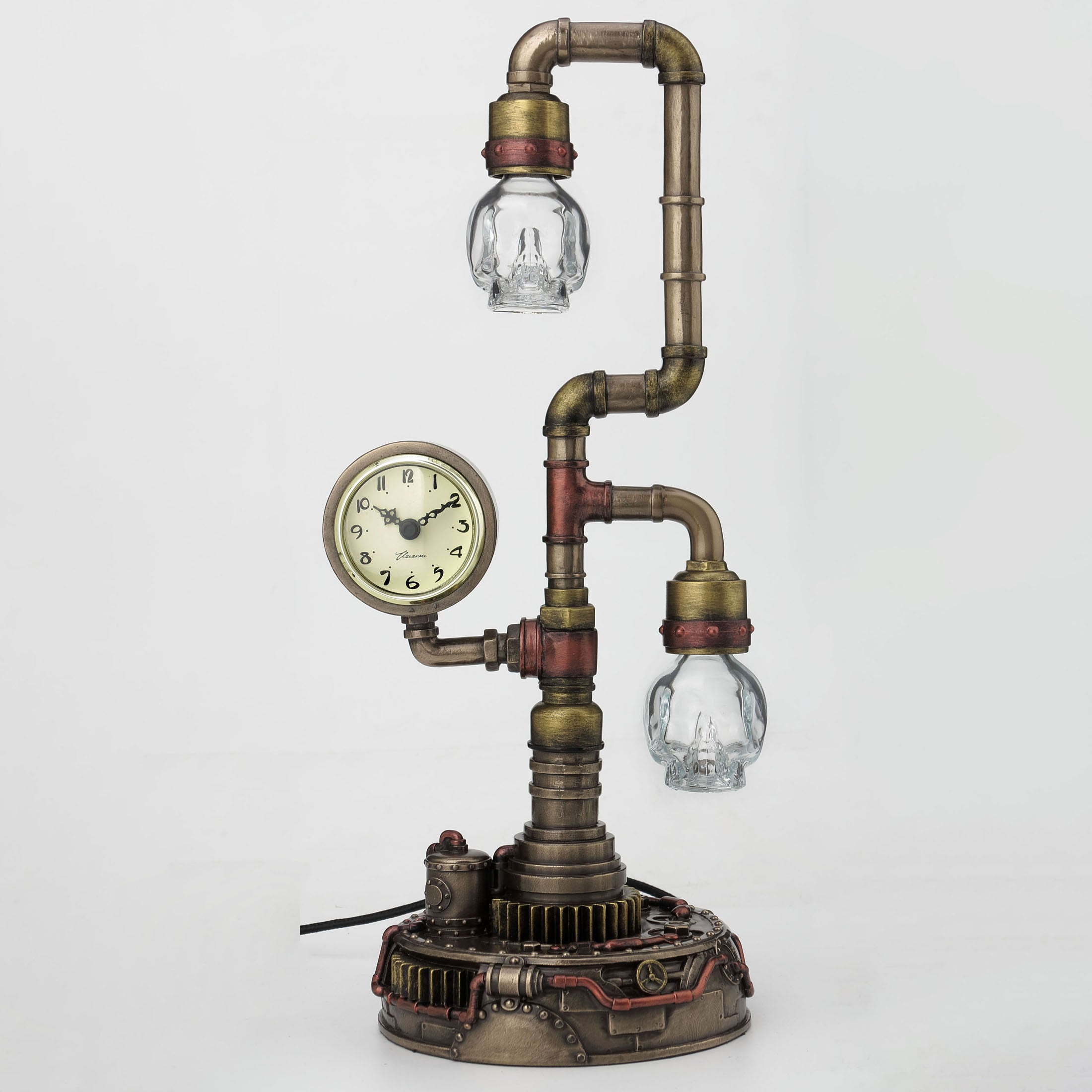Steampunk Pipework Clock Stand With Skull Bulb (Led)