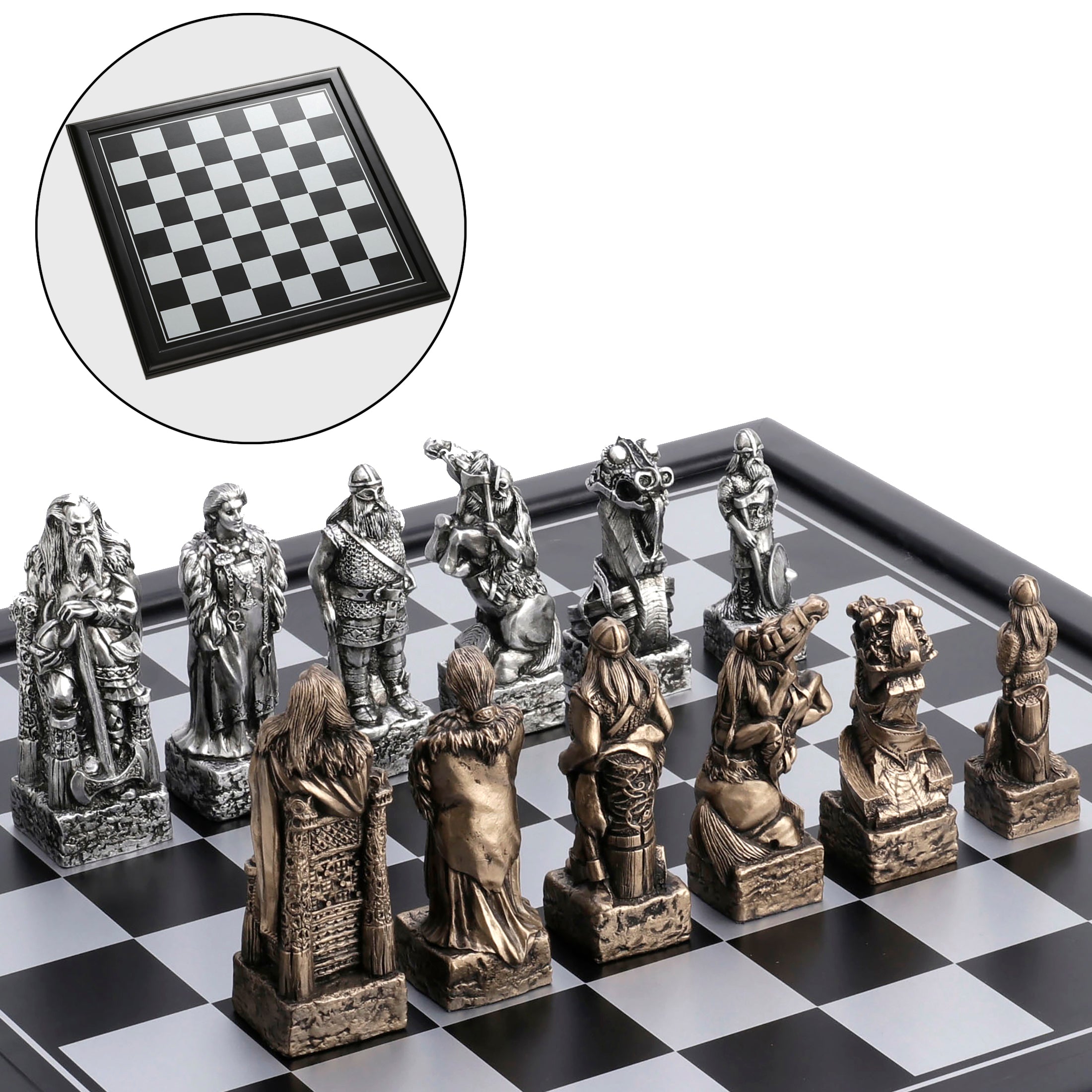 4 Inch Nordic Viking Chessmen Set (32 pcs per set) (19 Inch Wooden Board)