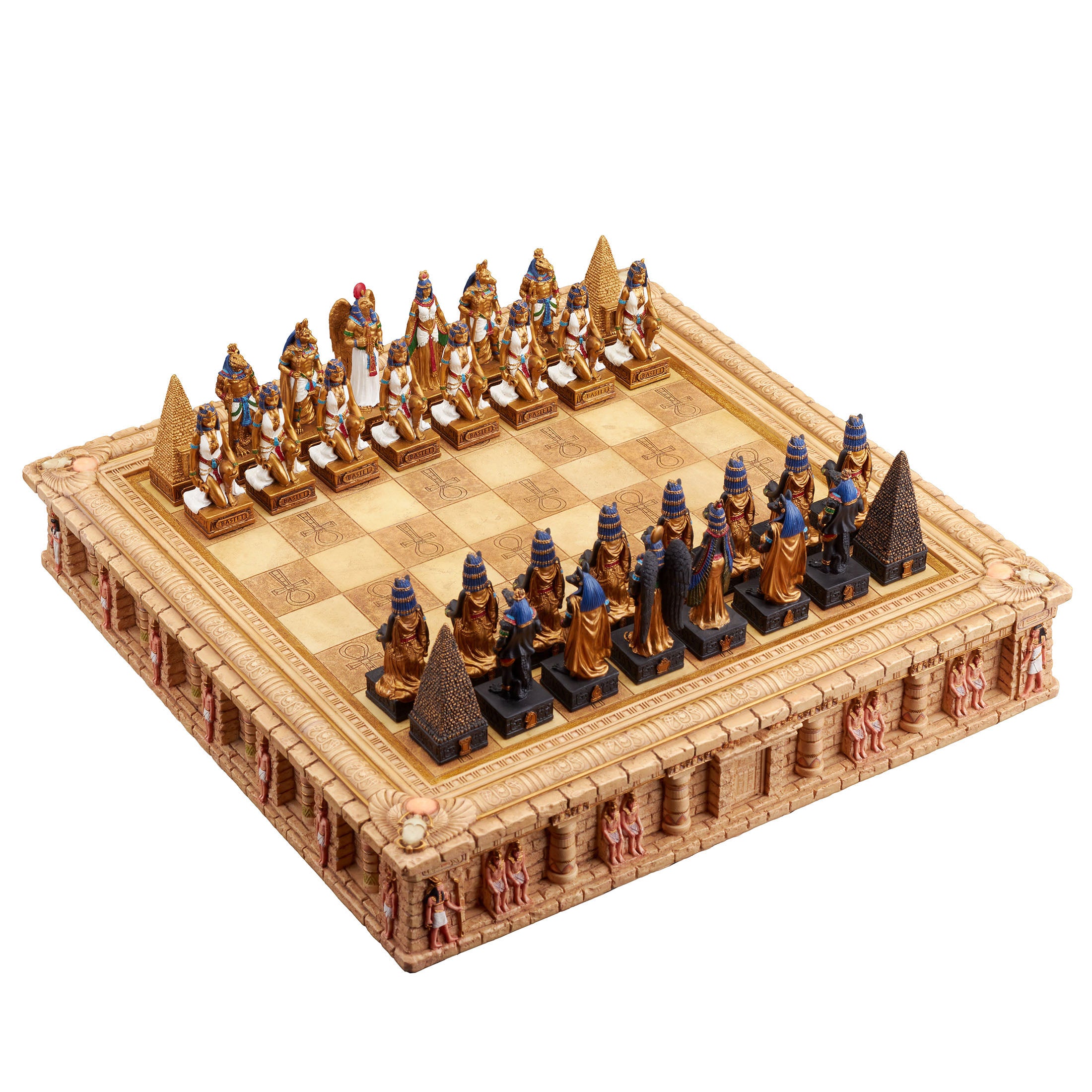 Egyptian Gods Chess Piece Set With Ankh Temple Box Board (32 pcs per set with storage and board)