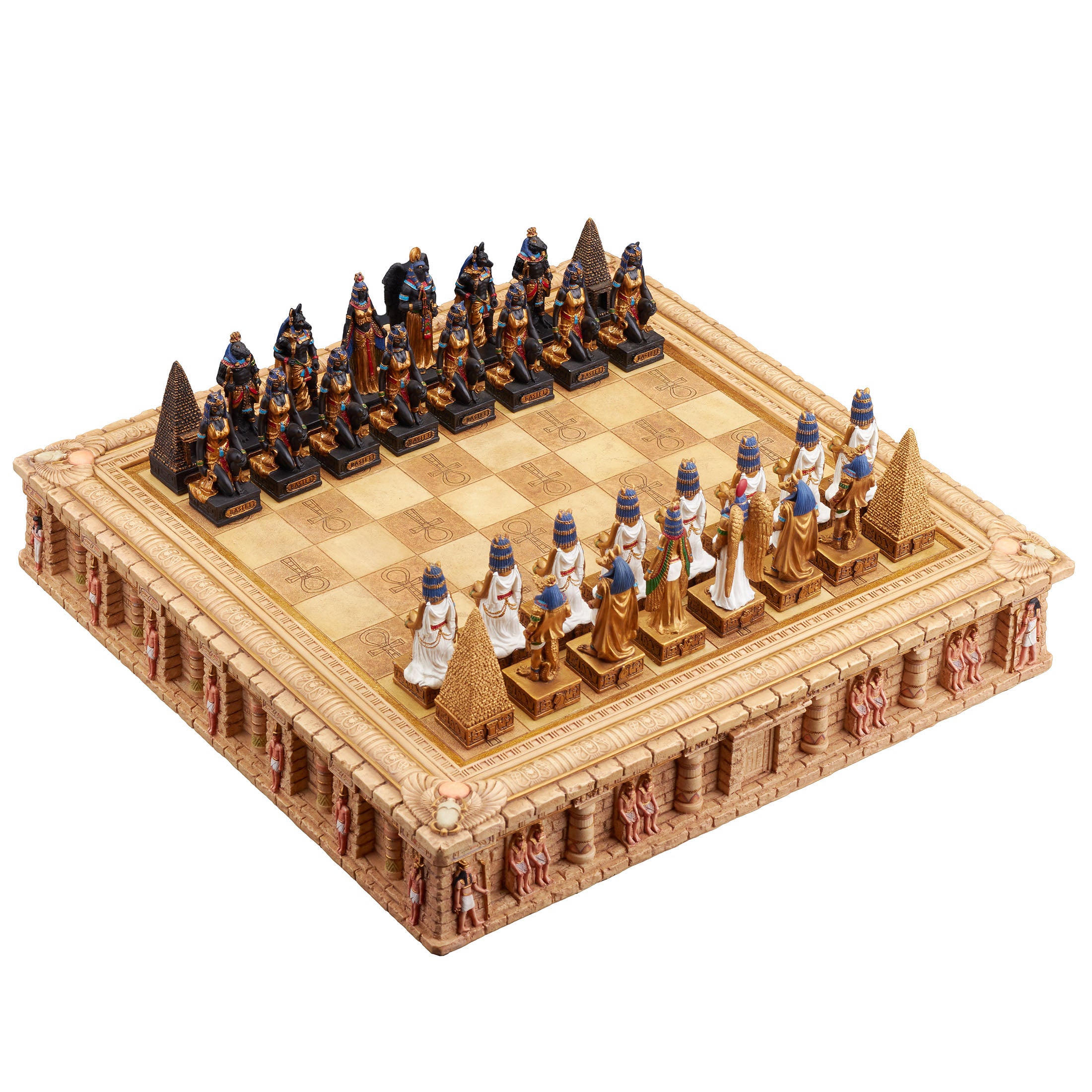 Egyptian Gods Chess Piece Set With Ankh Temple Box Board (32 pcs per set with storage and board)