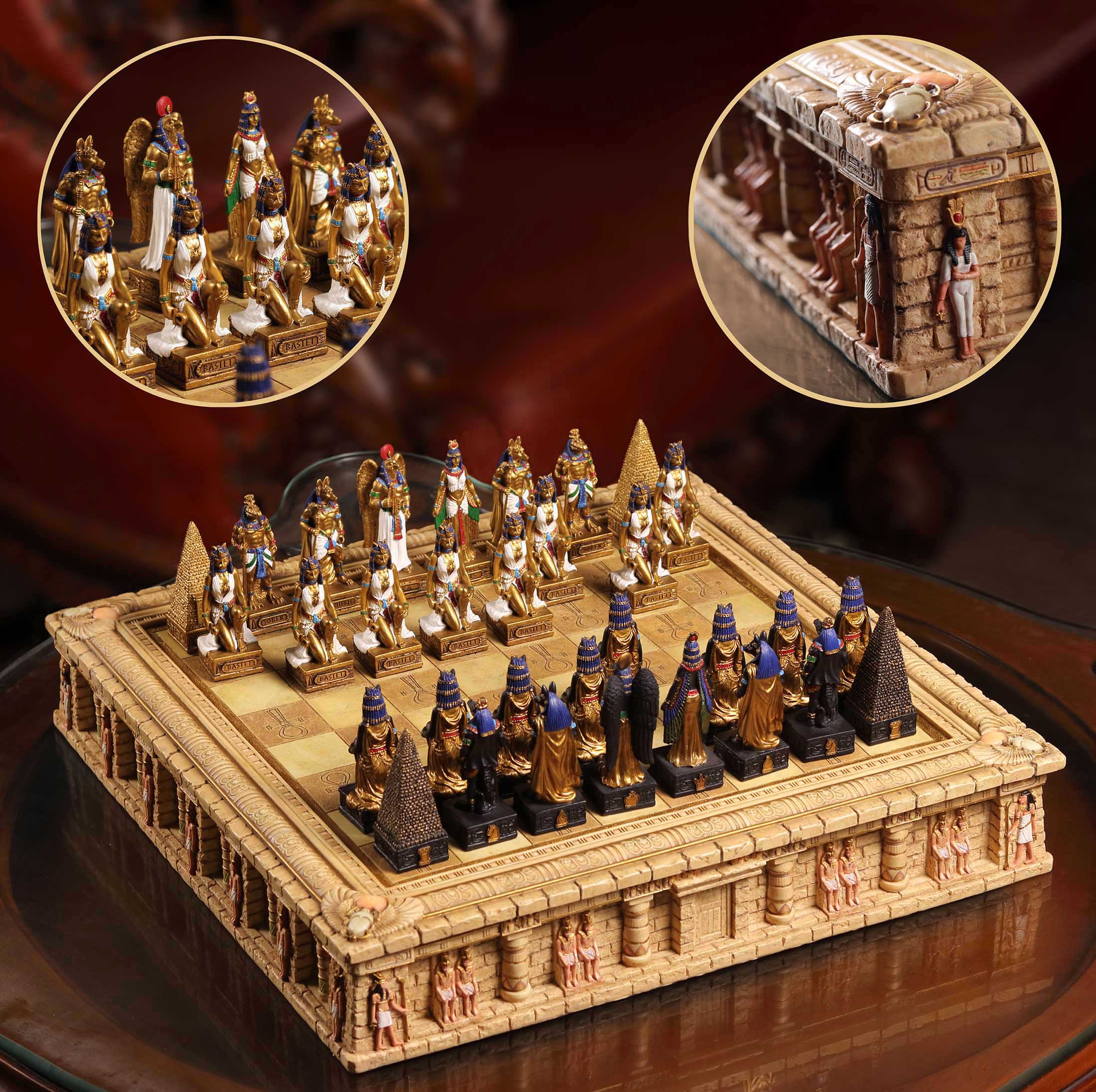 Egyptian Gods Chess Piece Set With Ankh Temple Box Board (32 pcs per set with storage and board)