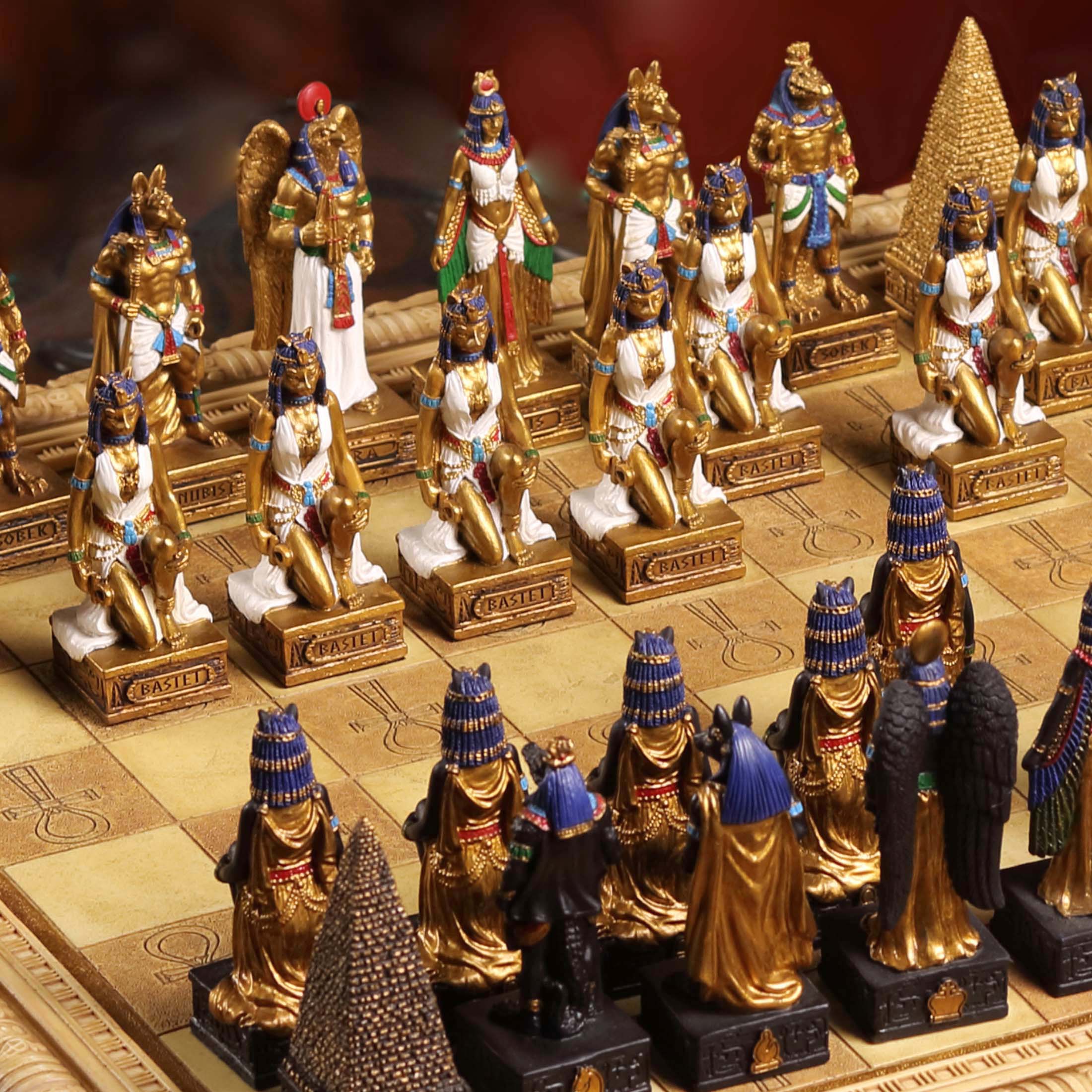 Egyptian Gods Chess Piece Set With Ankh Temple Box Board (32 pcs per set with storage and board)