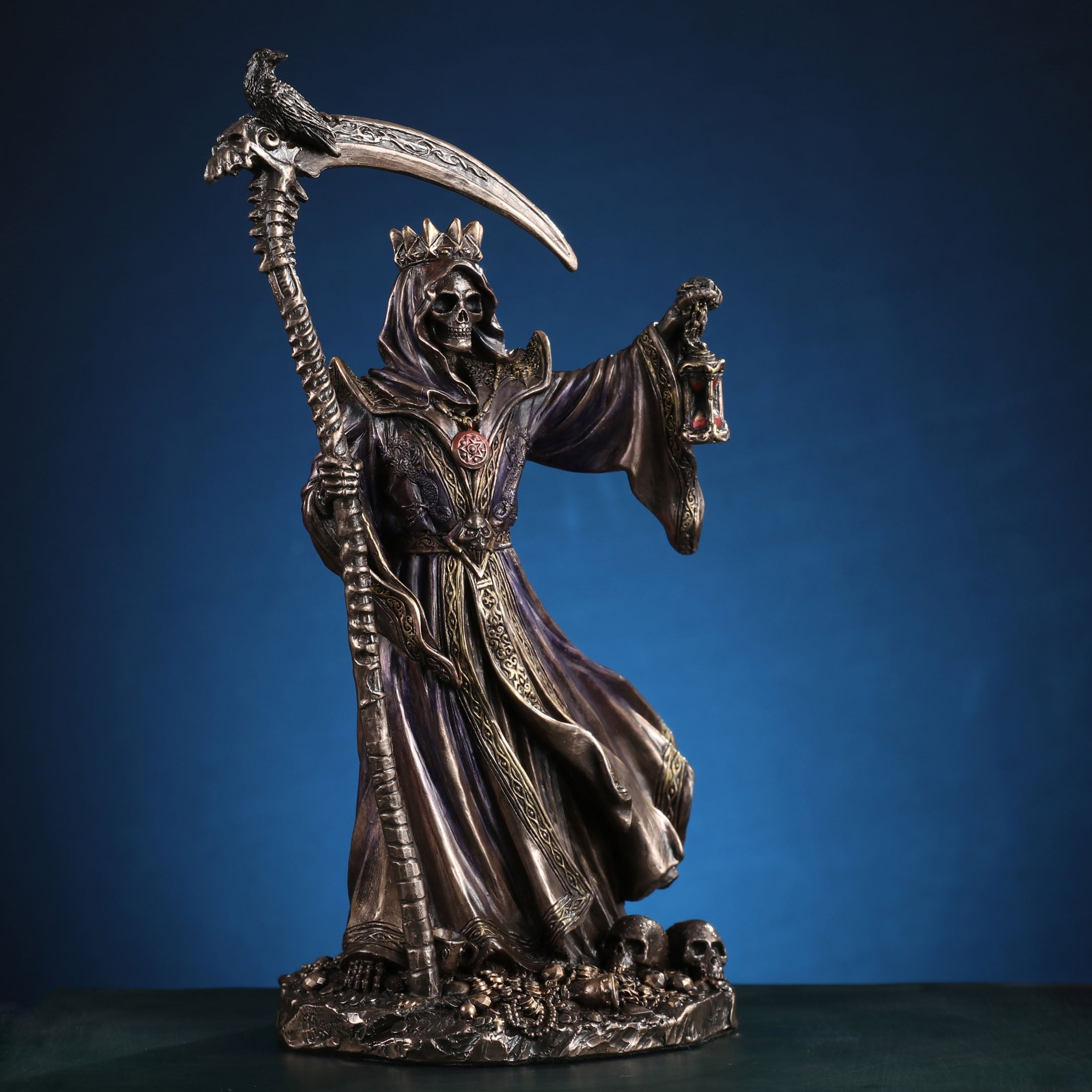 Crowned Reaper Skeleton Holding Scythe And Hourglass
