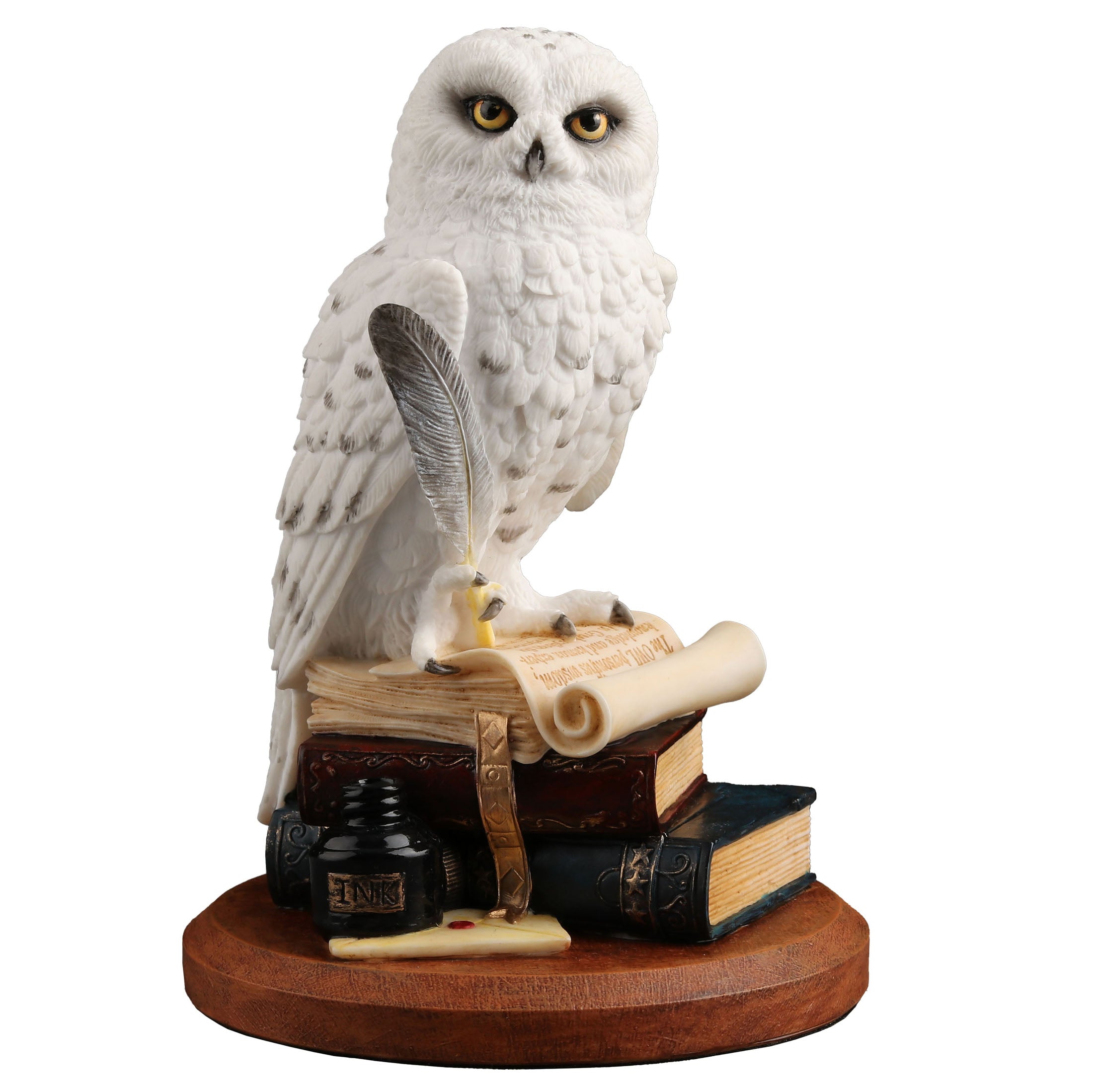 Snowy Owl Scripting On Top Of Stack Of Books