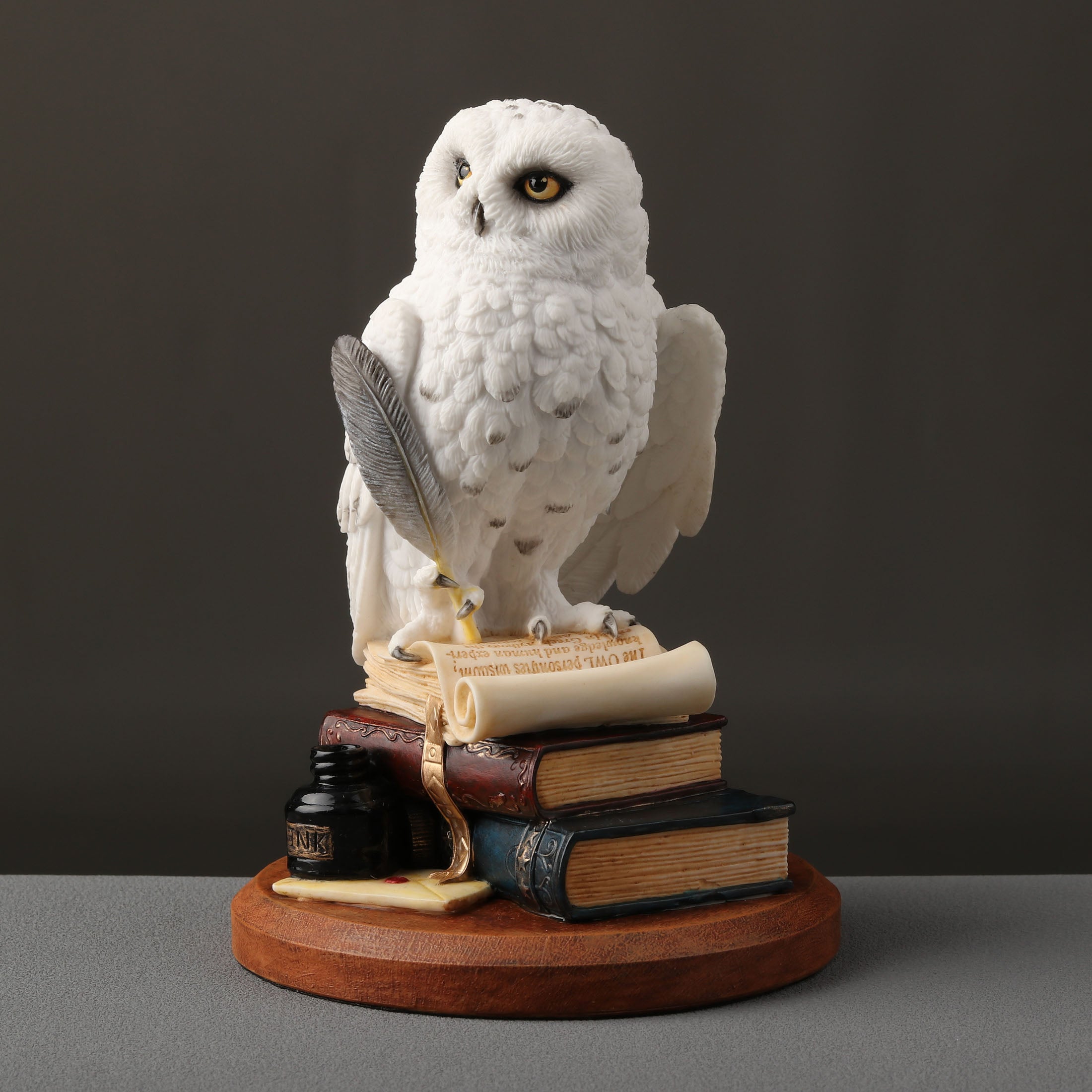 Snowy Owl Scripting On Top Of Stack Of Books