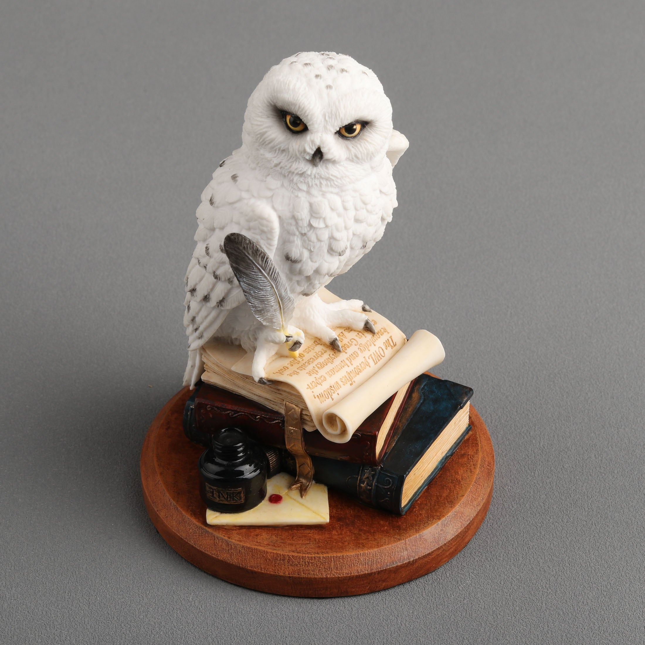 Snowy Owl Scripting On Top Of Stack Of Books
