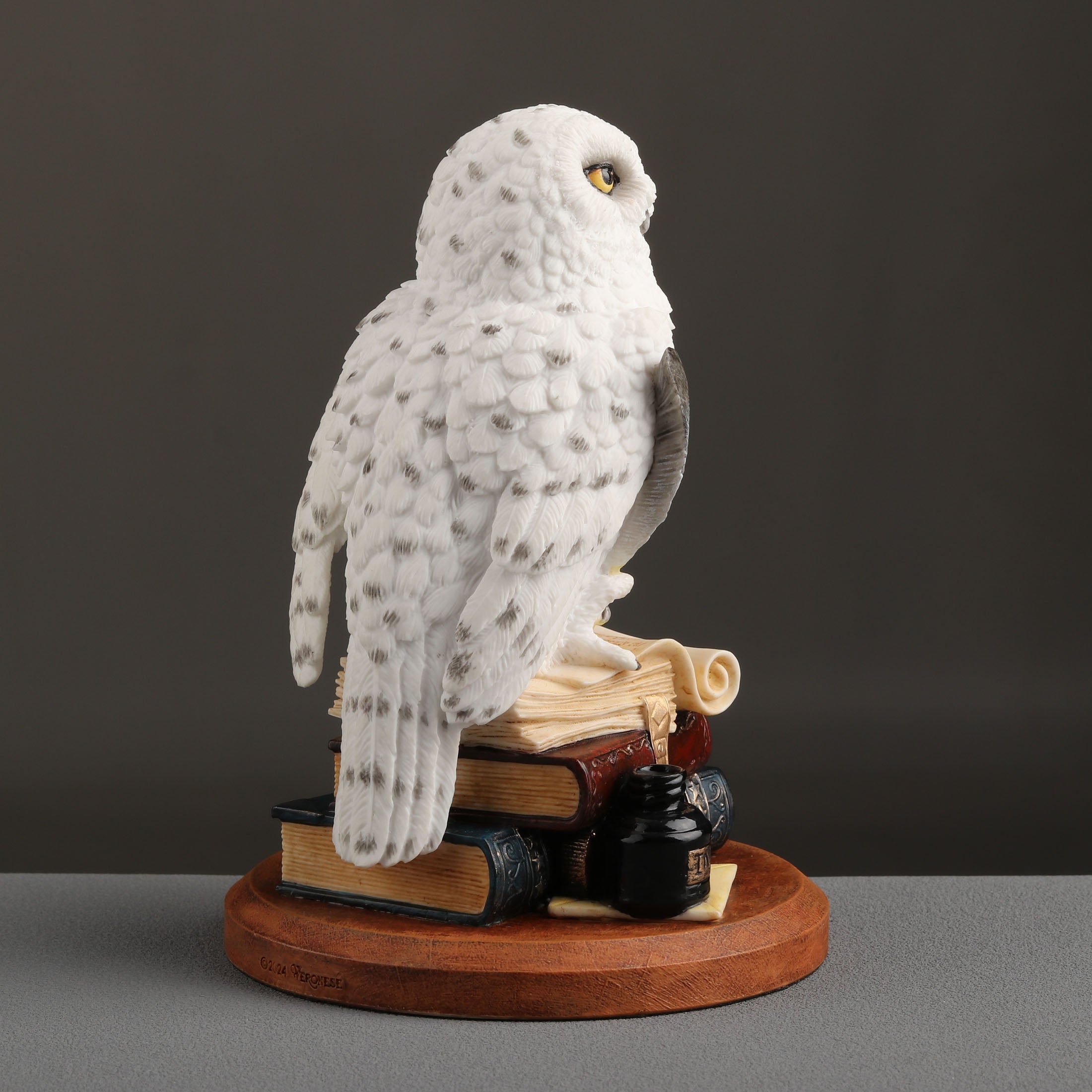 Snowy Owl Scripting On Top Of Stack Of Books