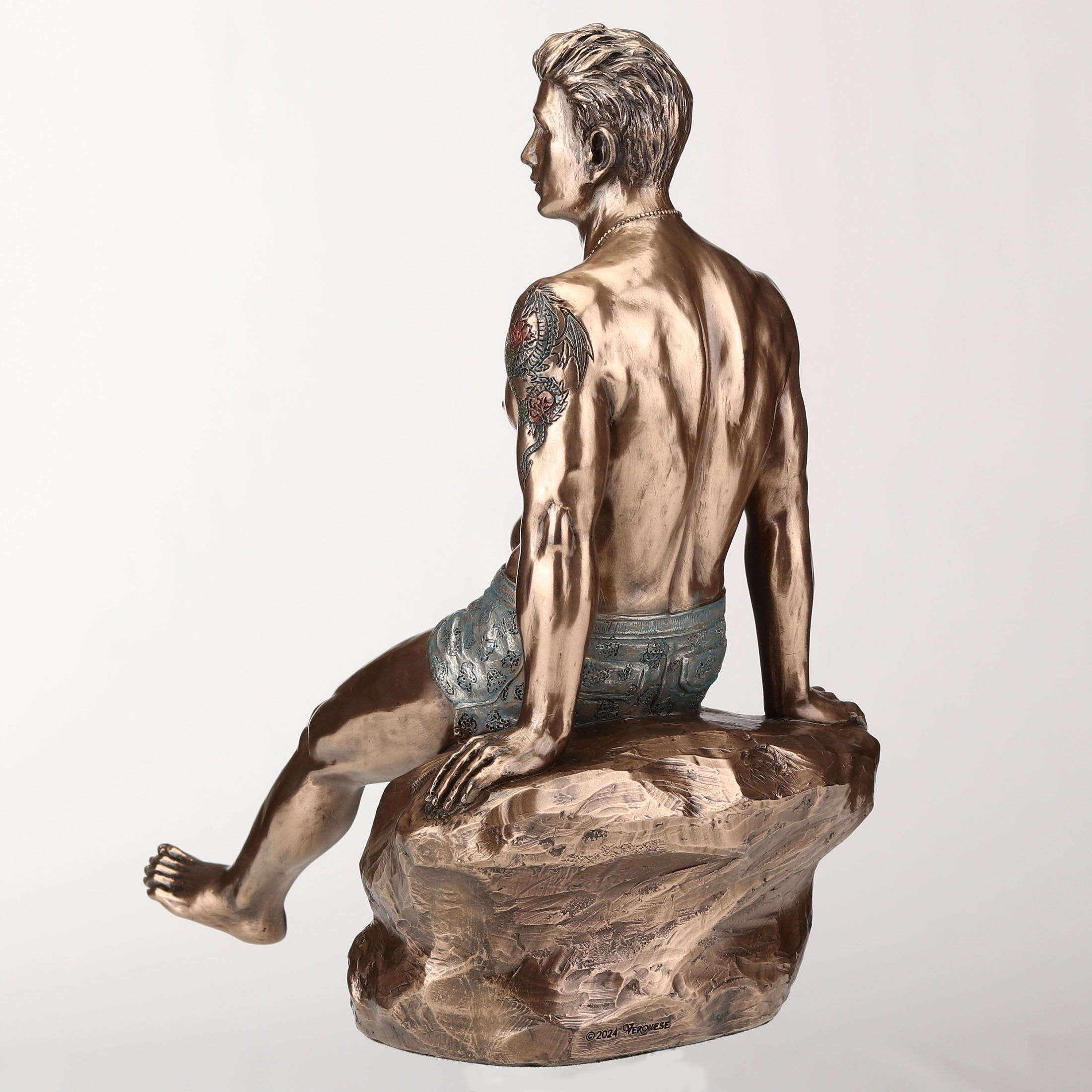 Tattooed Male Sitting On Rock Beach Pinup