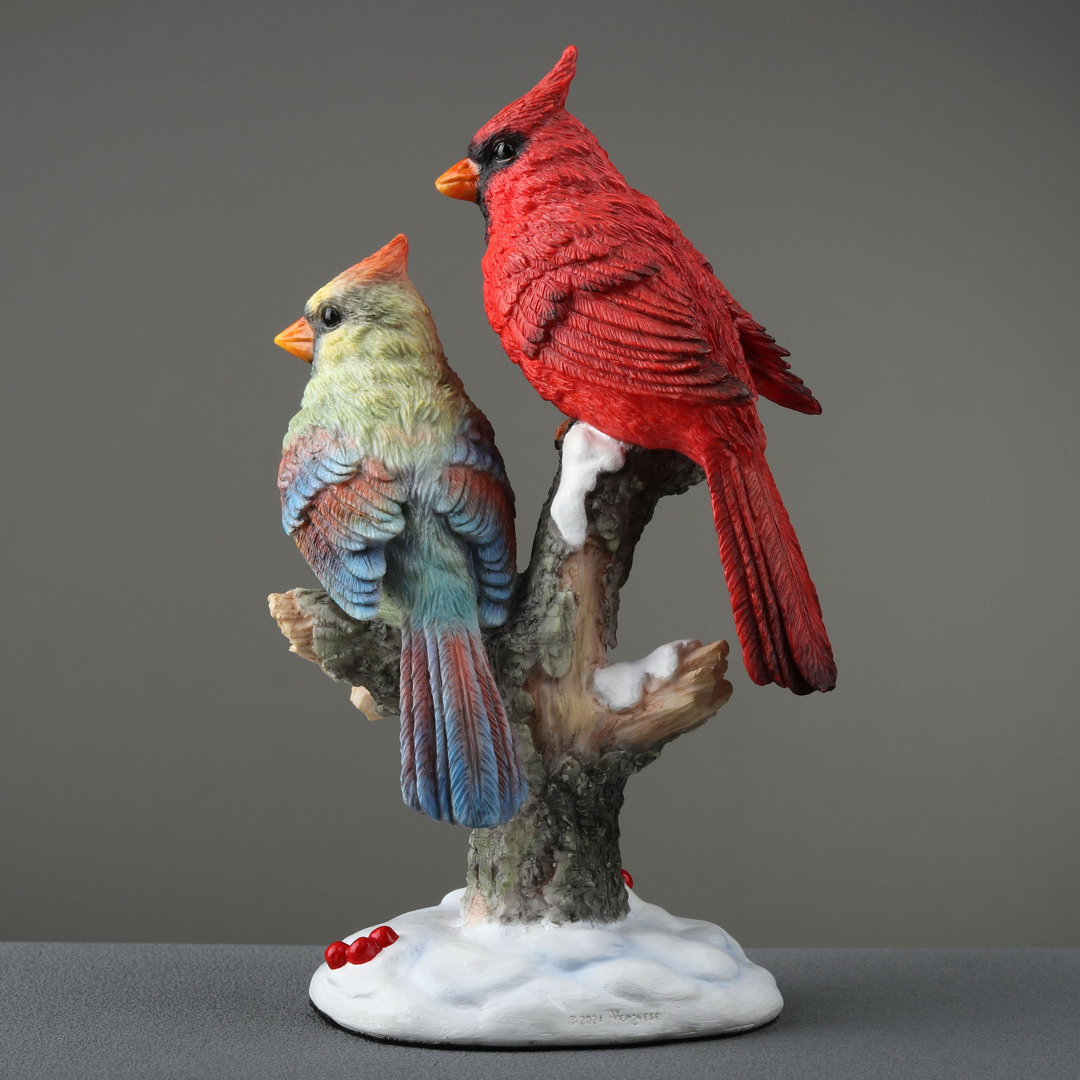 Cardinal Bird Couple Perching On Snowy Branch