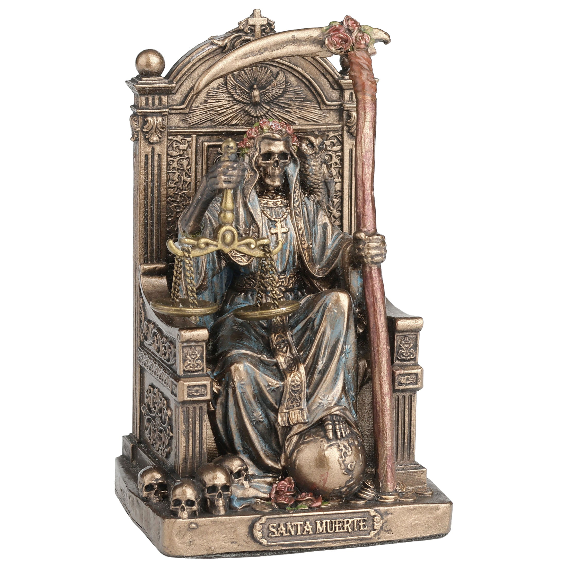 Santa Muerte Seating On Throne Holding Scythe And Scale