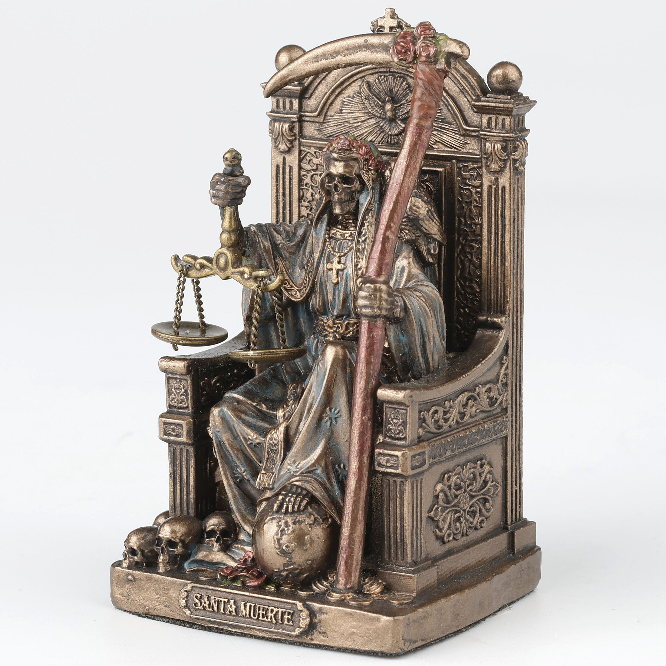 Santa Muerte Seating On Throne Holding Scythe And Scale