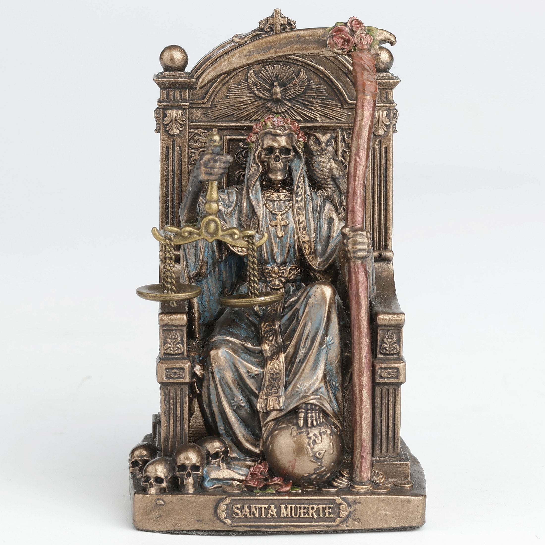 Santa Muerte Seating On Throne Holding Scythe And Scale