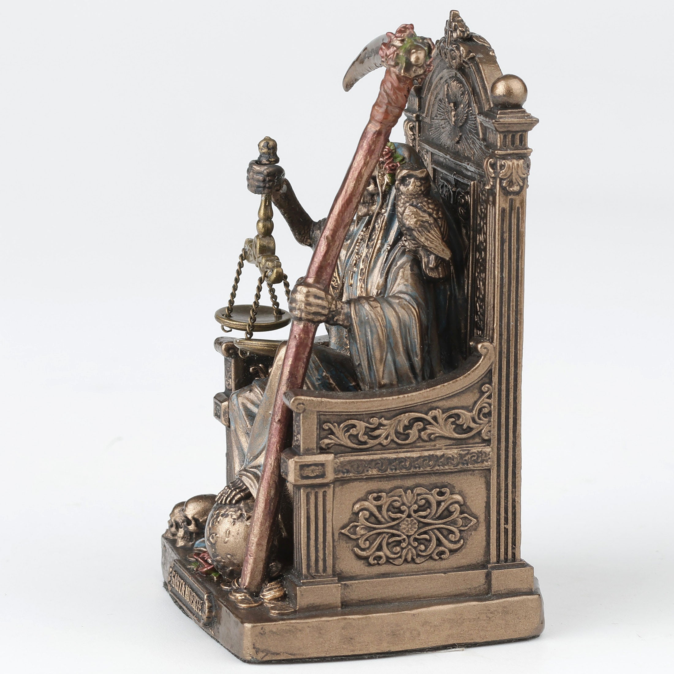 Santa Muerte Seating On Throne Holding Scythe And Scale